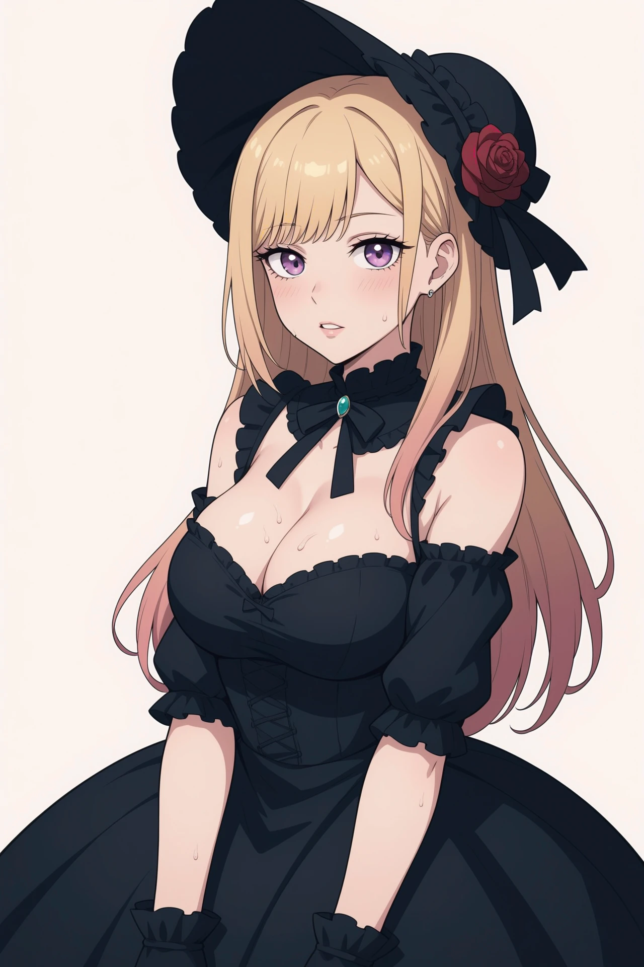 score_9, score_8_up, score_7_up,score_6_up, score_5_up, score_4_up,bonnet,frills,cleavage,bare shoulders,highres,dress,frilled collar,hot,hair ornament,parted lips,white background,large breasts,pixiv username,black dress,rose,simple background,long hair,breasts,looking at viewer,sono bisque doll wa koi wo suru,1girl,sweat,purple eyes