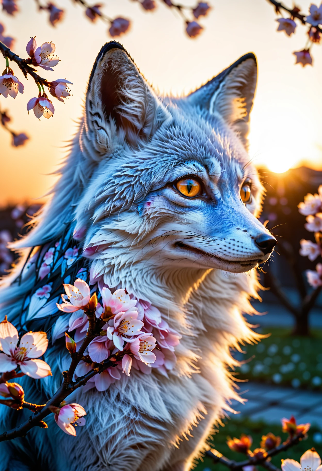 sideview, a blue fox, golden eyes, multiple foxtails, posing, cherry blossom petals, flowers, night sky, cherry blossoms, dark, sunrise, dimmed light, from above, dynamic beautiful full taking, handsome, glossy, dynamic, vibrant, advanced cinematic perfect light, highly detailed, contemporar, light and shadow by reij-snrs <lora:sunriseSDXL-000009:0.9>