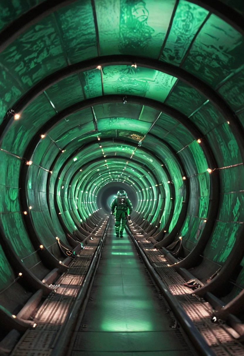 Eve-style, Woman in old white spacesuit, INSIDE a Bright Green Tunnel, basin, stasis Tanks, panels, eerie atmospheric lighting, novuschroma60 style bokeh