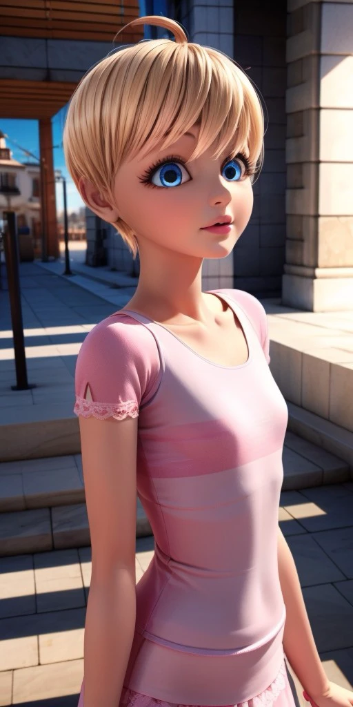 Hyperrealistic, super detailed, photorealistic, long pink dress with lace, honey blonde pixie cut with bangs that slightly cover her eyes to the right and a tiny cowlick on top expressive round vivid sapphire blue eyes, body like in real life, large pores, slender, fourteen years old, fair-skinned skin, beautiful arms, very flat very little breasts, unreal engine, octane render, droped shadow, bokeh, cinematic lighting, <lora:Volumetric_lighting:0.6>, <lora:add_detail:0.5>, Rose Lavillant, , <lora:06bcf8b1-73c7-405d-9e36-210ca06801fe:0.7>