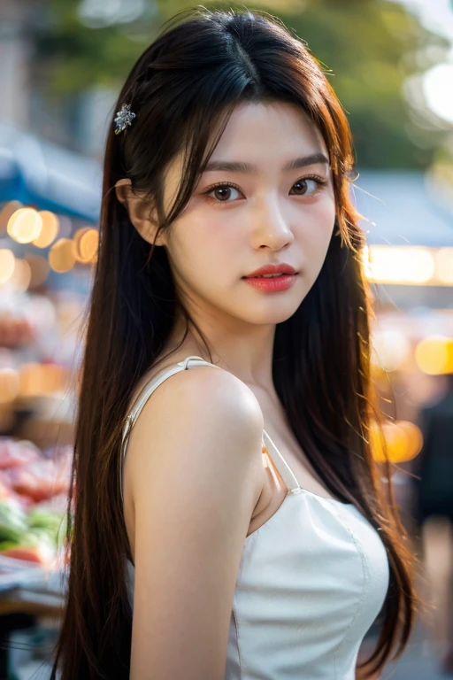 masterpiece, best quality, ultra-detailed, ultra high res, (photorealistic:1.4), raw photo, (realistic:0.2), 8k HDR, realistic cool temperature lighting, 1girl, solo, asymmetrical hair, outdoor, (traditional market:1.2), bokeh, (detailed lips), (detailed pores), (detailed skin textures), (detailed face:1.2), (body:1.2), a woman in a sundress, promotional image, a character portrait,