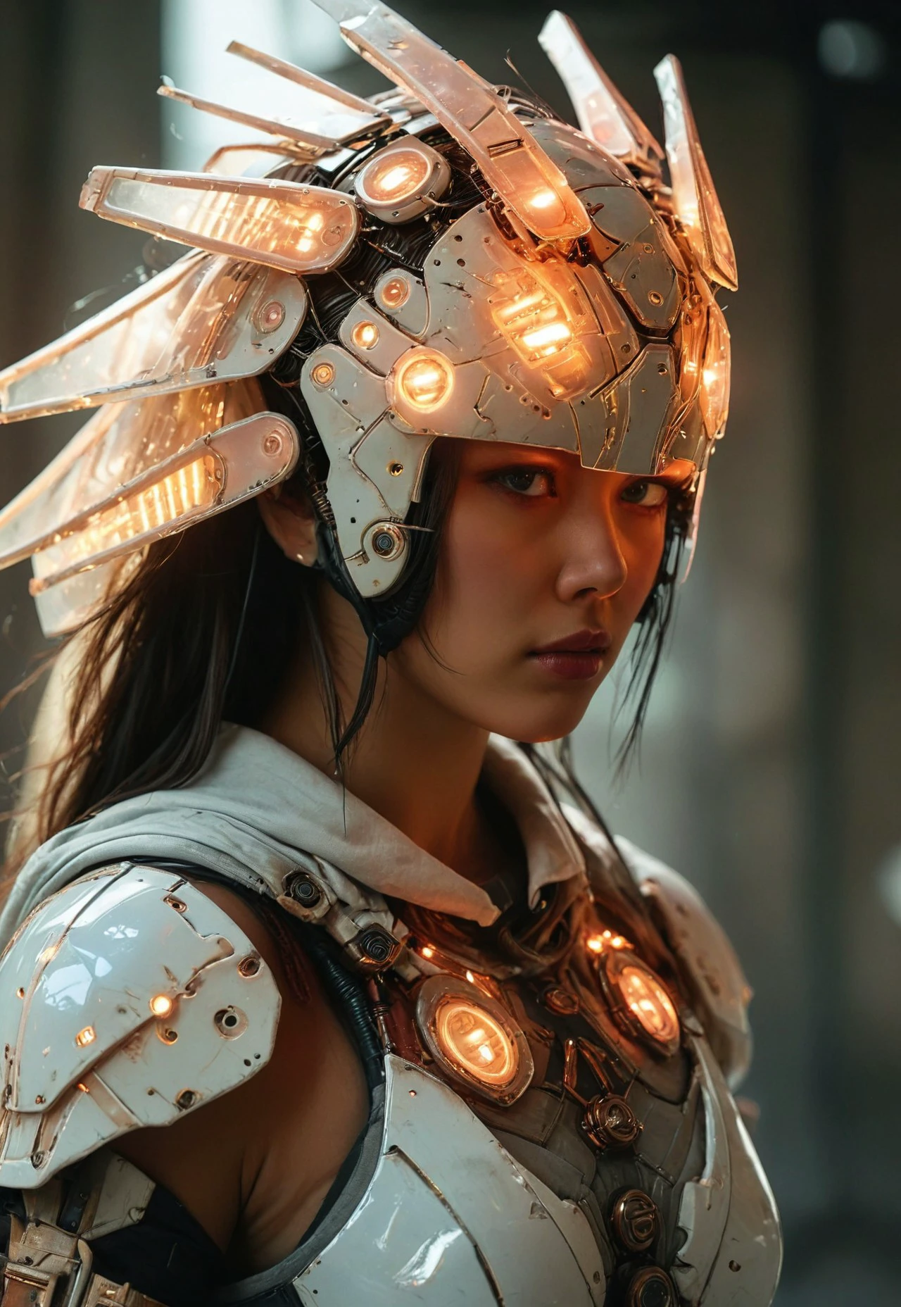 Infront of an dystopian Megacity Skyline, Closeup Portrait, beautiful charming blushed freckled Busty DARK haired Cyborg Samurai wearing a bleaked orange translucent automaton helmet, detailed skin and lips, extreme Face CloseUp, looking at Viewer, intricate translucent technical helmet details, White outworn Cotton hoodie, Large shoulder pads, atmospheric lighting, novuschroma60 style bokeh, The photo features faded colors, with a limited palette of gray, beige, and washed-out red, capturing her cool, striking appearance.. cinematic composition, soft shadows, national geographic style,