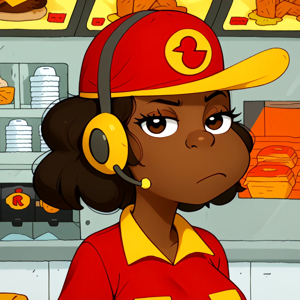 <lora:Rough_Riders_Chicken_Lady_-_Clarence:1>1girl, adult, dark-skinned female, black hair, short hair, puffy hair, baseball cap, red hat with yellow brim, chicken symbol on hat, headphones with microphone, yellow headset, red shirt with yellow collar, yellow cuffs, yellow nametag, tan pants, gray footwear, bored, fast food job, looking at viewer, portrait, raised eyebrow,, source_cartoon, score_9, score_8_up, score_7_up,