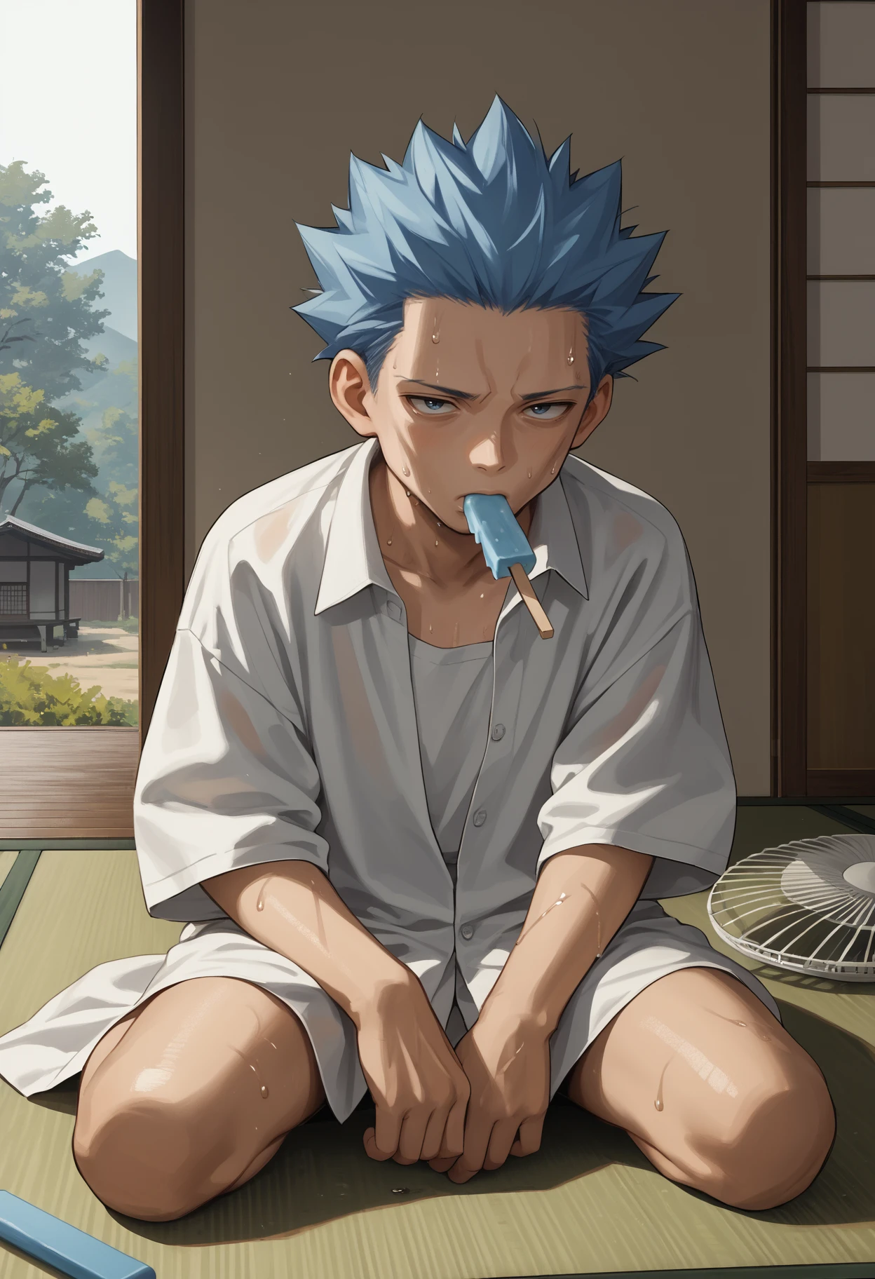 score_9, score_8_up,score_7_up, source_anime, 1boy, solo, akagi,
short hair, blue hair, blue eyes, no eyebrows, 
white shirt, shirt only, buttoned shirt, collarbone, oversized clothes, oversized shirt, sweating, sweat, tired, sitting, wariza, legs apart, kneeling, eating, popsicle, electric fan, wind, indoors, eastern architecture, tatami, 
 <lora:cyrs_pdxl_EliPot:1>