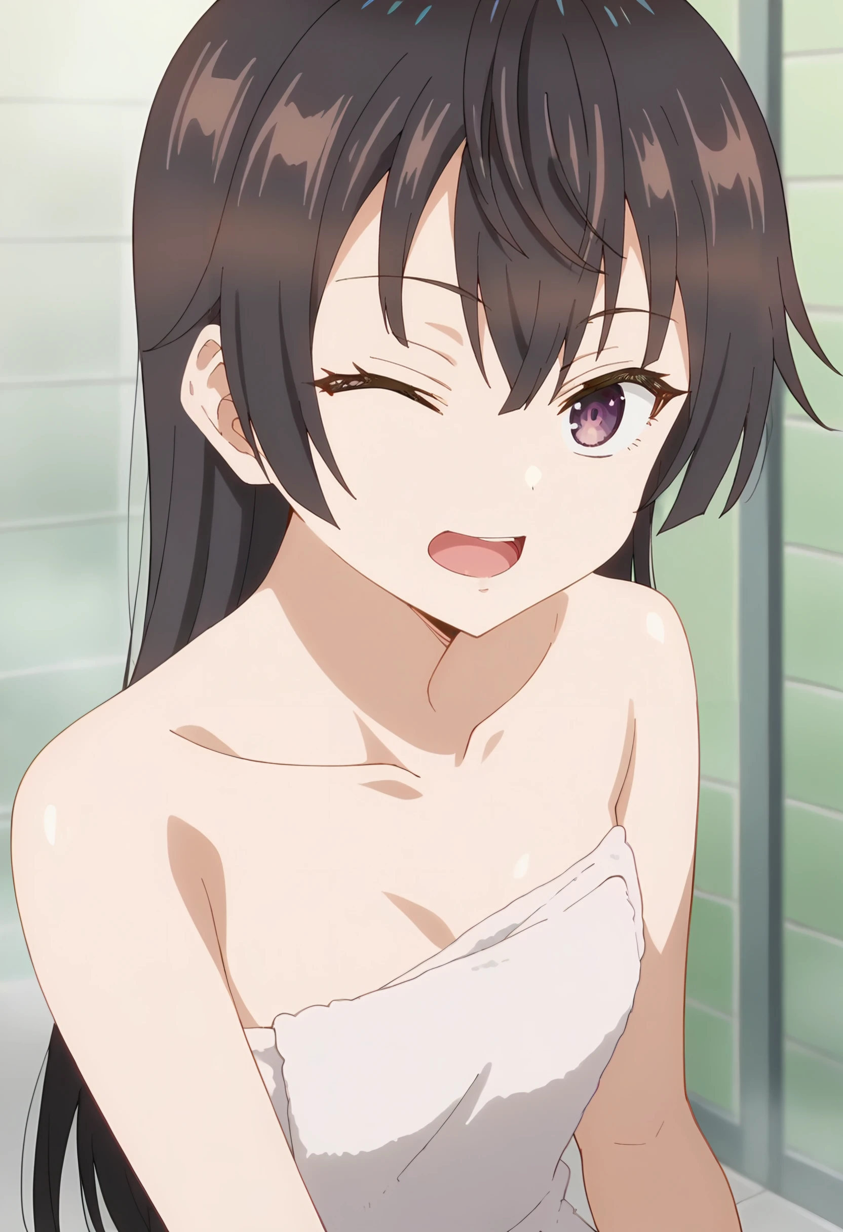 a realistic photo of Yuki Suou, a beautiful young woman with dark brown hair and purple eyes, sensually lying nude on a bed, her emotions hidden behind a pensive expression, (best quality,4k,8k,highres,masterpiece:1.2),ultra-detailed,(realistic,photorealistic,photo-realistic:1.37),hyper detailed face, detailed eyes, detailed lips, detailed skin, detailed hair, natural lighting, warm color tones, cinematic, moody atmosphere