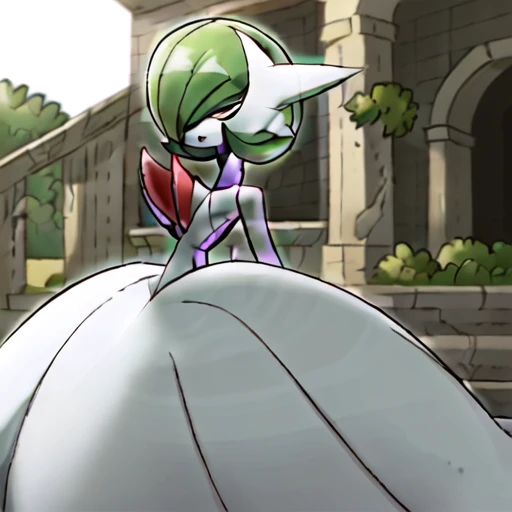 smile, dress, outdoors, open mouth, closed mouth, gardevoir, white skin, day, mega gardevoir