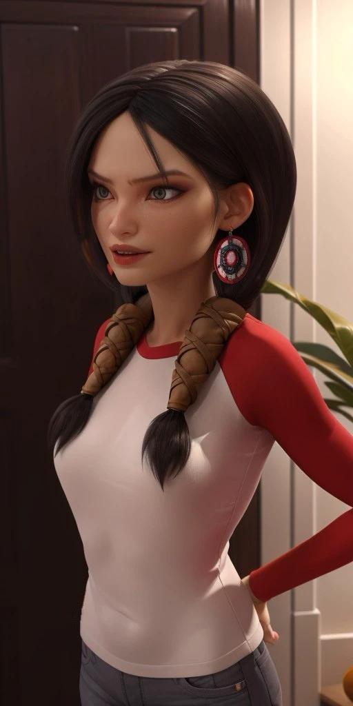 Hyperrealistic, photorealistic, super detailed, black hair, fifteen years old, expressive grey eyes, body like in real life, large pores, slender, light brown skin, beautiful arms, very little breasts, unreal engine, octane render, droped shadow, bokeh, cinematic lighting, <lora:add_detail:0.5>, <lora:Volumetric_lighting:0.6>, hair is parted down the middle braided at the sides and wrapped in leather, gray eyes, fingernails are painted with a metallic blue nail polish, eyebrows are sharply curved at the outer ends, Birth mark can be seen under her left eye, , <lora:4dcdfb52-dfd4-4bd7-9c48-948e4f9c3676:0.7>