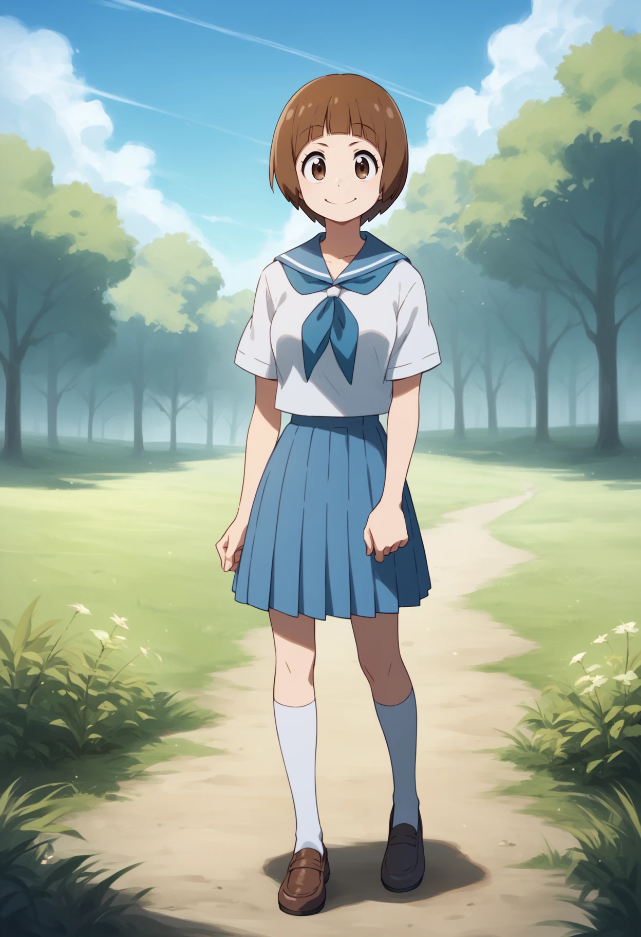 score_9, score_8_up, score_7_up, score_6_up, score_5_up, score_4_up, BREAK,
1girl, mankanshokumako, brown eyes, brown hair, short hair, bob cut, school uniform,
smile, full body, standing, contrapposto, solo, outdoors, blue sky, grass, moutains background  <lora:MakoMankanshokuXL:1>