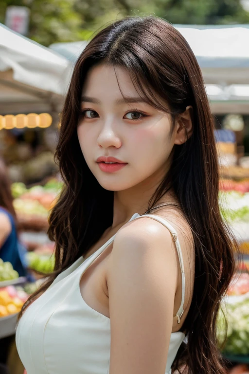 masterpiece, best quality, ultra-detailed, ultra high res, (photorealistic:1.4), raw photo, (realistic:0.2), 8k HDR, realistic cool temperature lighting, 1girl, solo, asymmetrical hair, outdoor, (traditional market:1.2), bokeh, (detailed lips), (detailed pores), (detailed skin textures), (detailed face:1.2), (body:1.2), a woman in a sundress, promotional image, a character portrait,