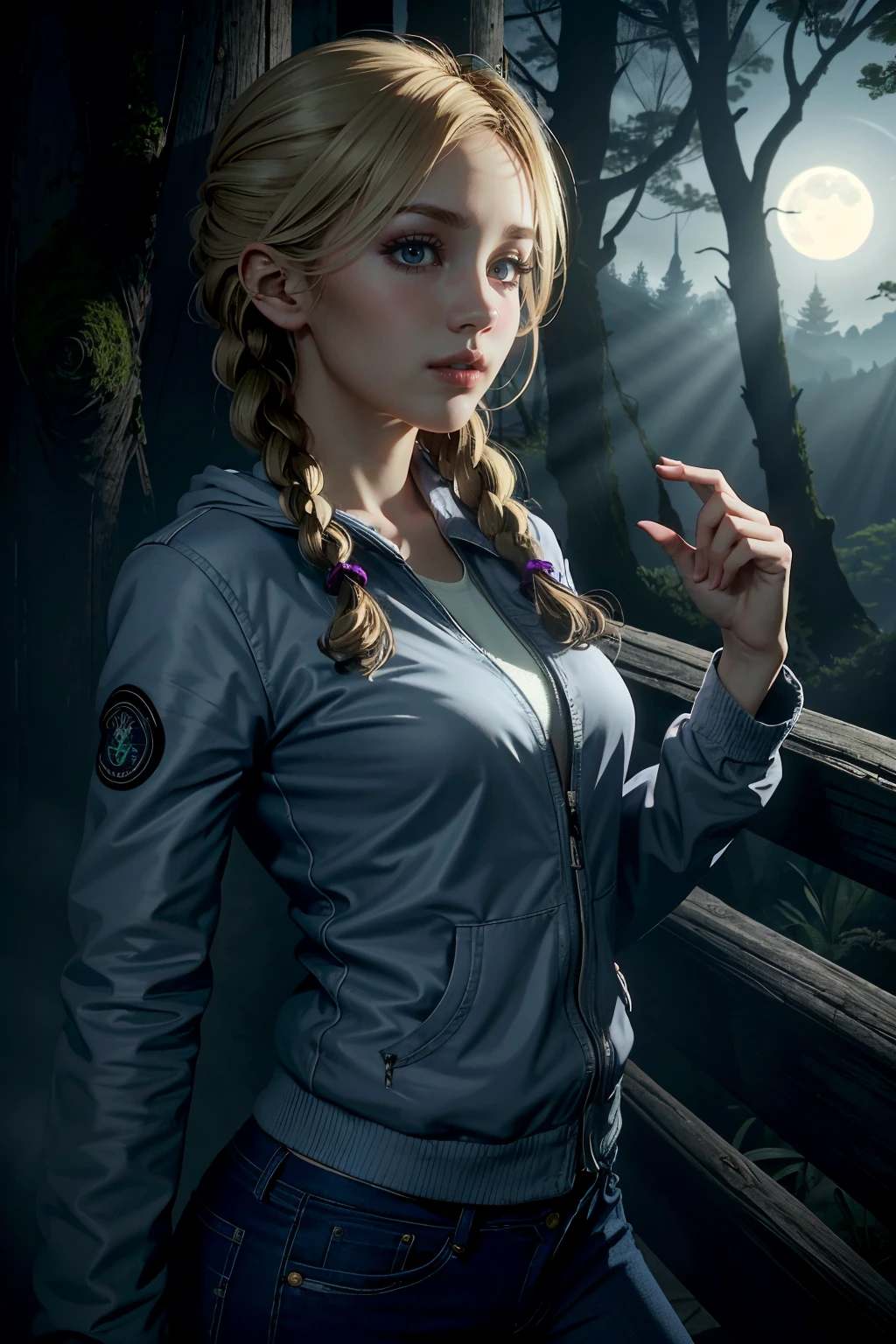 ((ultra detailed, masterpiece, absurdres))
<lora:UDJess:0.8>
UDJess, 1girl, blonde hair, twin braids, looking at viewer, Dark forest with towering trees, moonlight filtering through, mysterious, cowboy shot