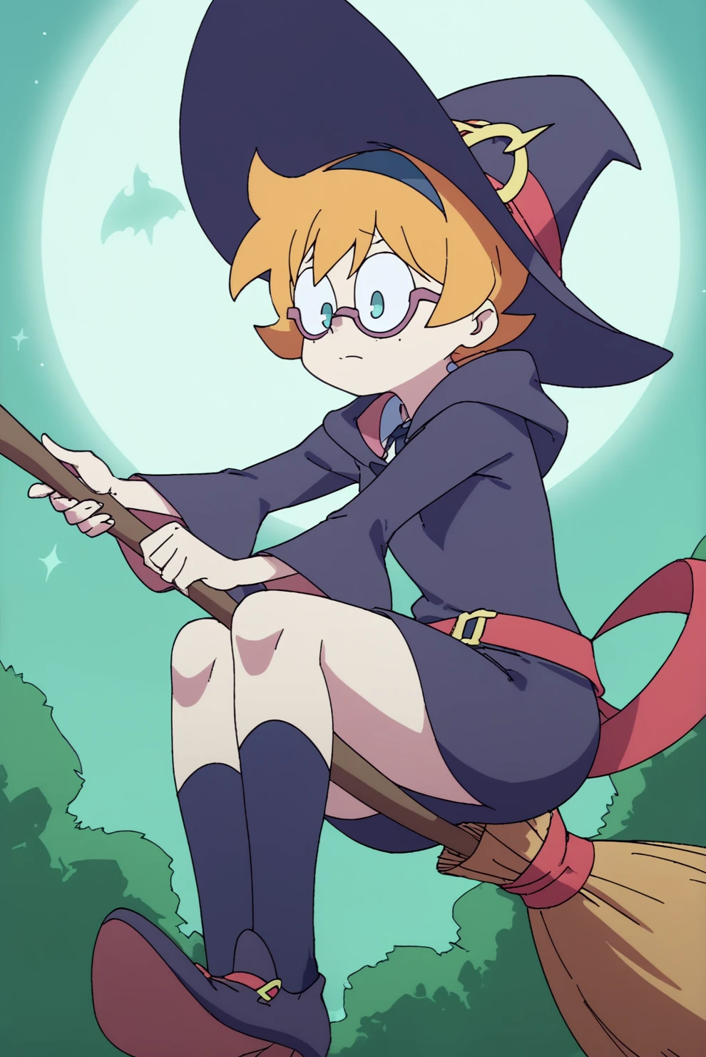 Lotte Jansson, solo, broom riding, witch, witch hat, glasses, under-rim eyewear <lora:Little_Witch_Academia-Lotte_Jansson-PDXL:0.8>