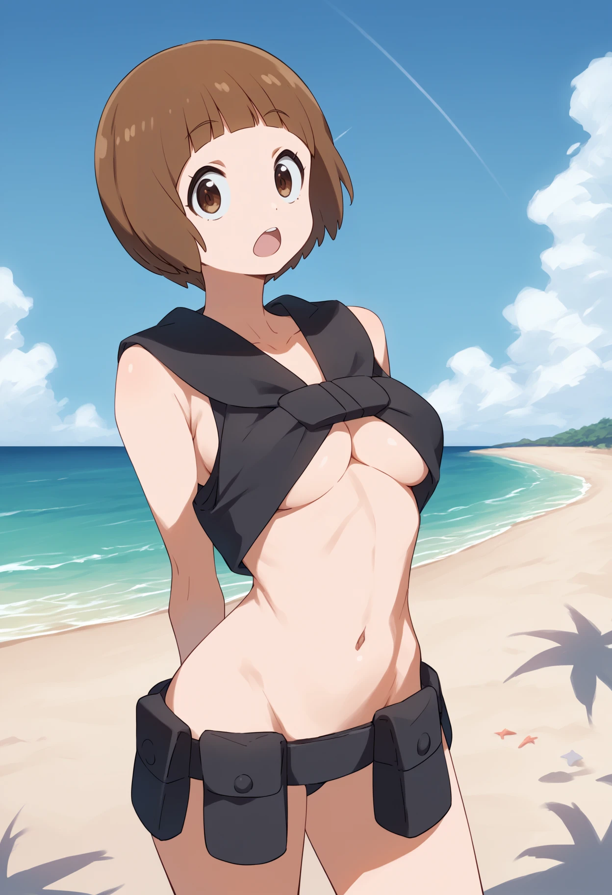 score_9, score_8_up, score_7_up, score_6_up, score_5_up, score_4_up, BREAK,
1girl, makonb, brown eyes, brown hair, short hair, bob cut,
underboob, utility belt, navel, pouch, shoulder holster, sleeveless,
standing, arms behind back, looking at viewer, open mouth, sea, sand, blue sky, beach, tropical island background  <lora:MakoMankanshokuXL:1>