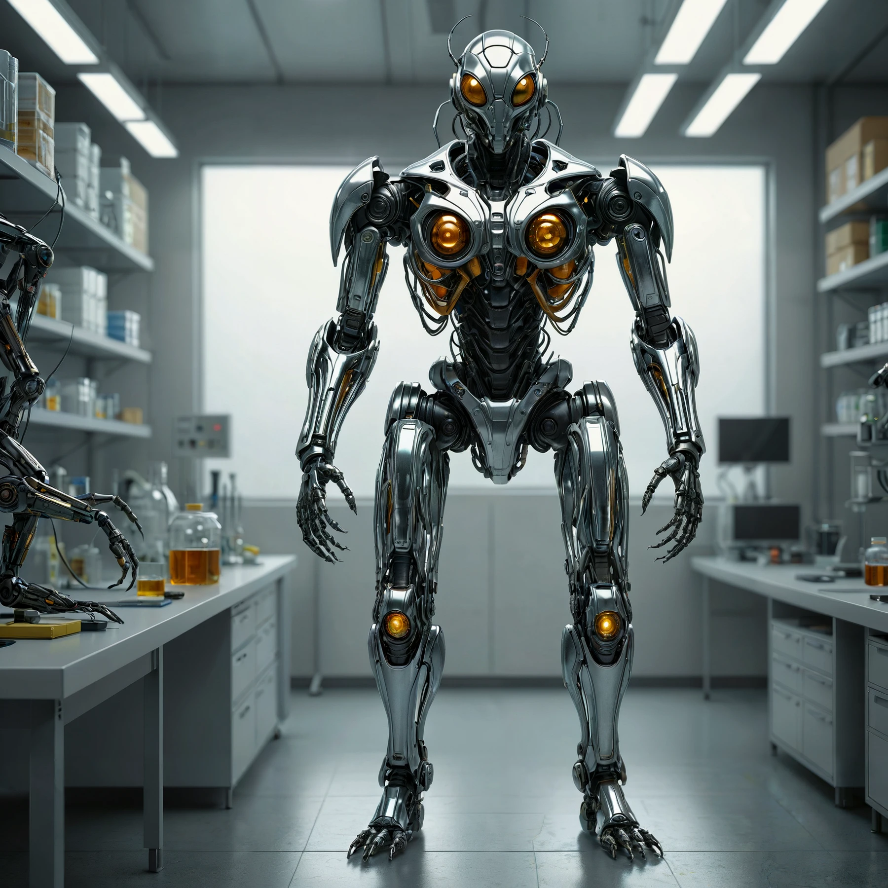 RAW photo, realistic, photorealistic,

Insectoid humanoid cyborg robot. 

In a laboratory. Shiny, chrome. Standing. Full body view.

<lora:Insectoid01_CE_SDXL:0.5> AluInsctCE