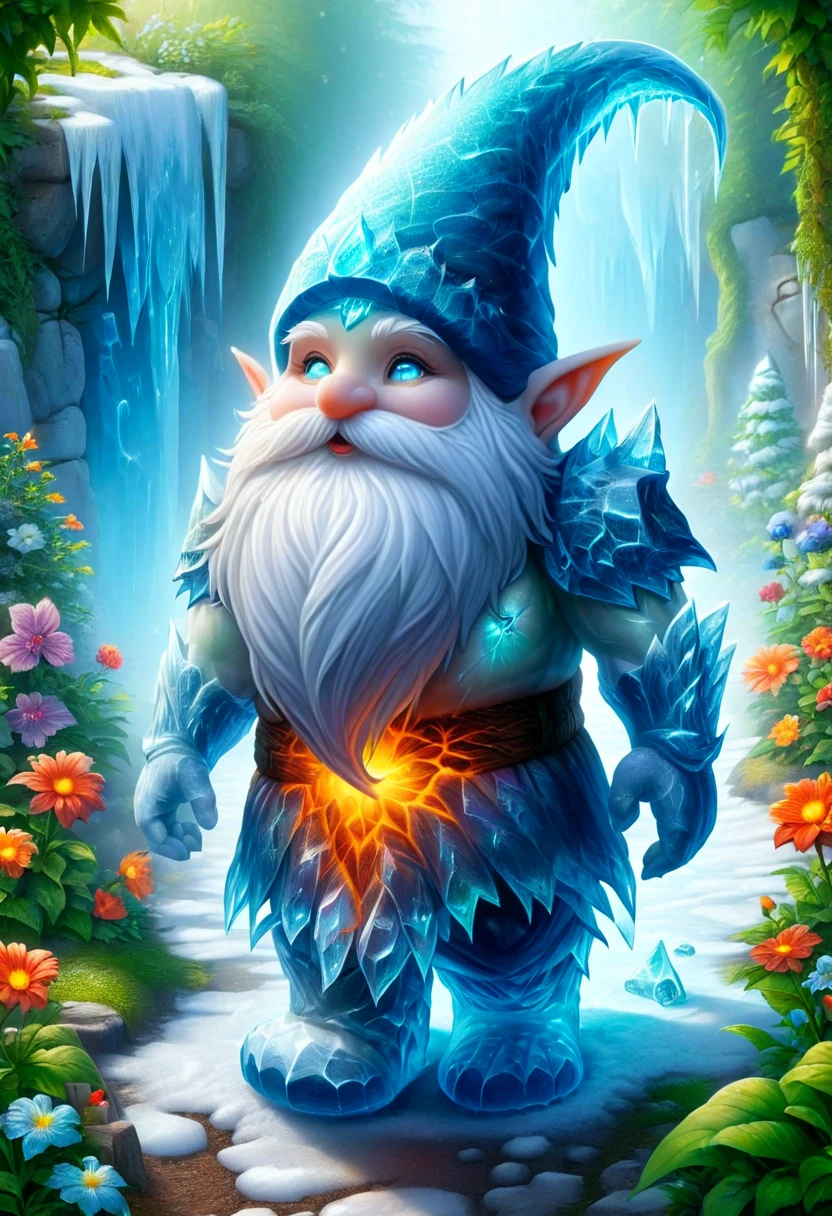 chillblaze, an ice gnome, garden background