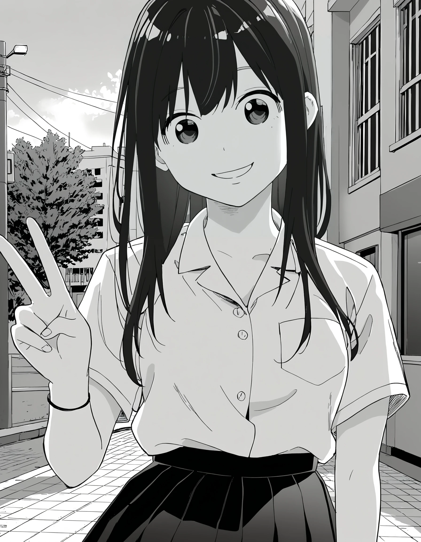 score_9, score_8_up, score_7_up, monochrome
BREAK 1girl, solo, <lora:RihoXL-v4:0.9>, riho, school uniform, collared shirt, short sleeves, breast pocket, pleated skirt, smile, v
BREAK outdoors,