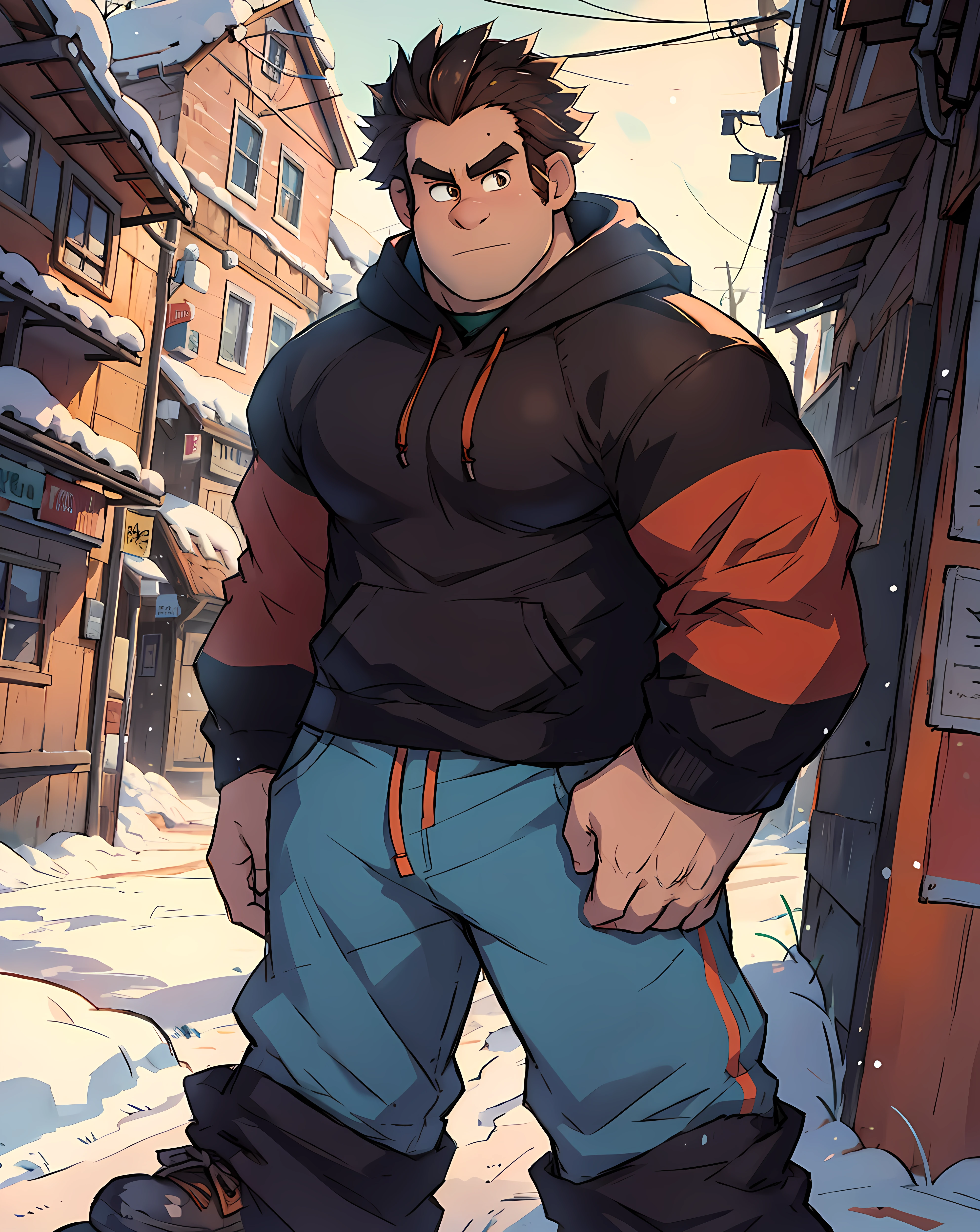 <lora:Ralph:0.8> ralph_wreckitralph, looking at viewer, muscular, hoodie, long pants, snow, town, winter, standing