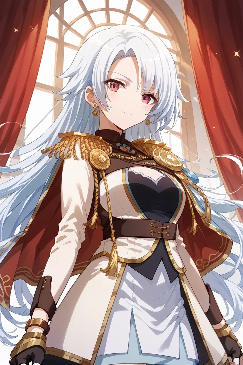 score_9, score_8_up, score_7_up, score_6_up, 1girl,
 <lora:Shiro_Ogami:0.9> shiro, solo, long hair, fingerless gloves, epaulettes, gloves, looking at viewer, white hair, stage outfit, red curtain, color lights,