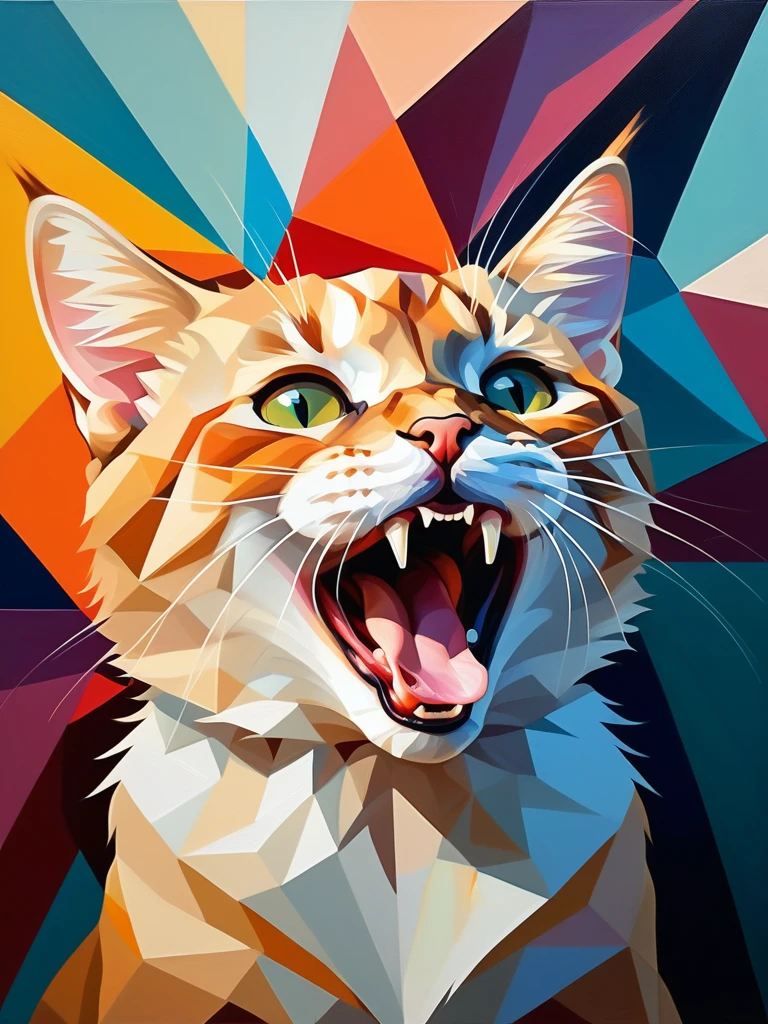 <lora:07RomanticismArt_Hap_XL:1>, romanticism oil painting, Oil painting of a cute cat yawning, geometric shapes, polygonal design, high detail, vibrant colors, ethereal, soft lighting, intricate geometric patterns, abstract art, symmetrical, modern art, futuristic, oil texture, bold strokes, multiple shades, depth and dimension, dramatic pose, adorable expressionï¼