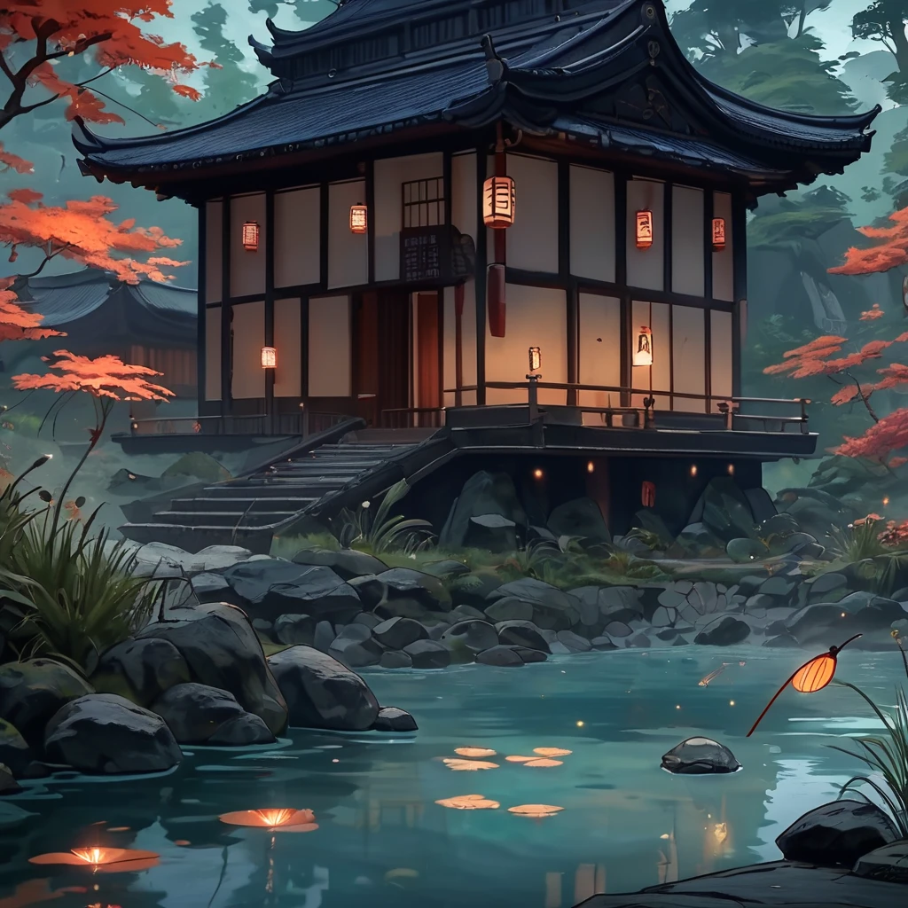 core_9, score_8_up, score_7_up, score_6_up, <lora:ArsMJStylePony_-_Anime_C:0.8> ArsMJStyle, AnimeC, Enchanted forest bathhouse, lanterns floating on misty pond. Young blue-eyed samurai girl encountering forest spirits. Soft watercolor style, Studio Ghibli trees, detailed feudal Japanese architecture. Warm golden light, fireflies, reflection in water.