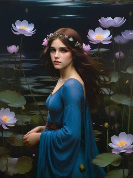 <lora:07RomanticismArt_Hap_XL:1>,John William Waterhouse style, a dark flower wal, by carson ellis, bioluminescense glowing