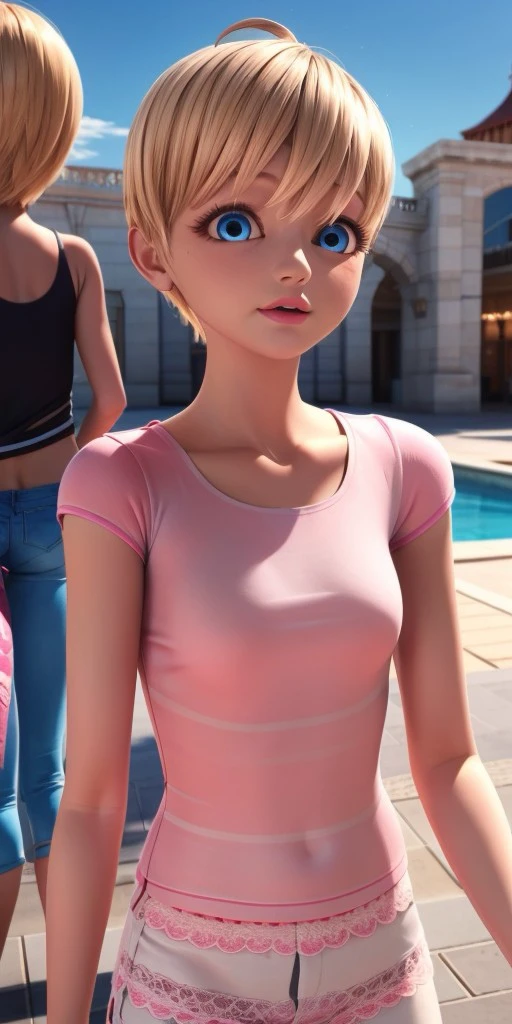 Hyperrealistic, super detailed, photorealistic, long pink dress with lace, honey blonde pixie cut with bangs that slightly cover her eyes to the right and a tiny cowlick on top expressive round vivid sapphire blue eyes, body like in real life, large pores, slender, fourteen years old, fair-skinned skin, beautiful arms, very flat very little breasts, unreal engine, octane render, droped shadow, bokeh, cinematic lighting, <lora:Volumetric_lighting:0.6>, <lora:add_detail:0.5>, Rose Lavillant, , <lora:06bcf8b1-73c7-405d-9e36-210ca06801fe:0.7>