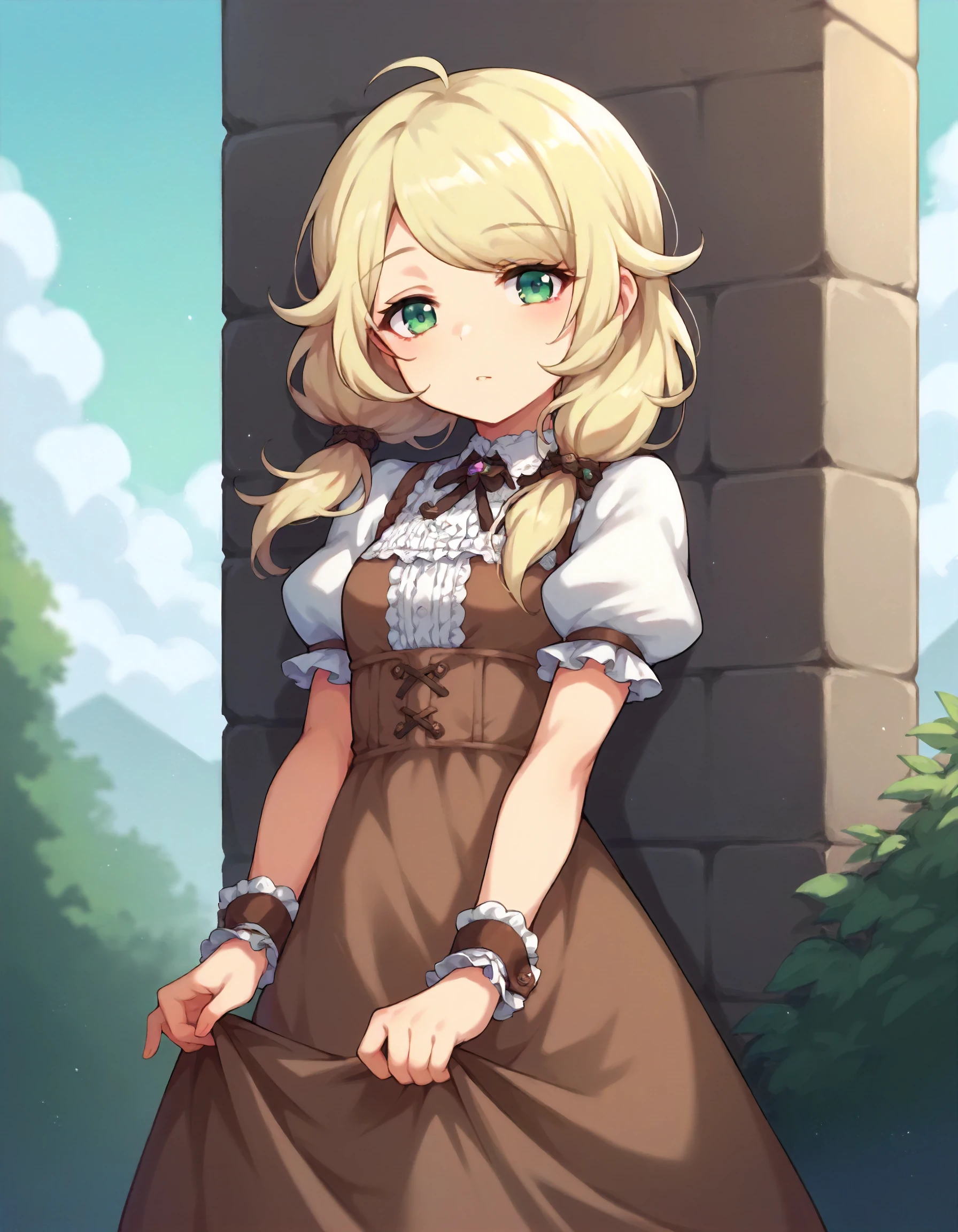 score_9,score_8_up,score_7_up,1girl,solo,cowboy shot,looking at viewer,daze,outdoors,skirt hold,
<lora:yusakozue_ponyXLV6:0.8>,cgykz,blonde hair,low twintails,green eyes,
brown dress,white puffy sleeves,wrist cuffs