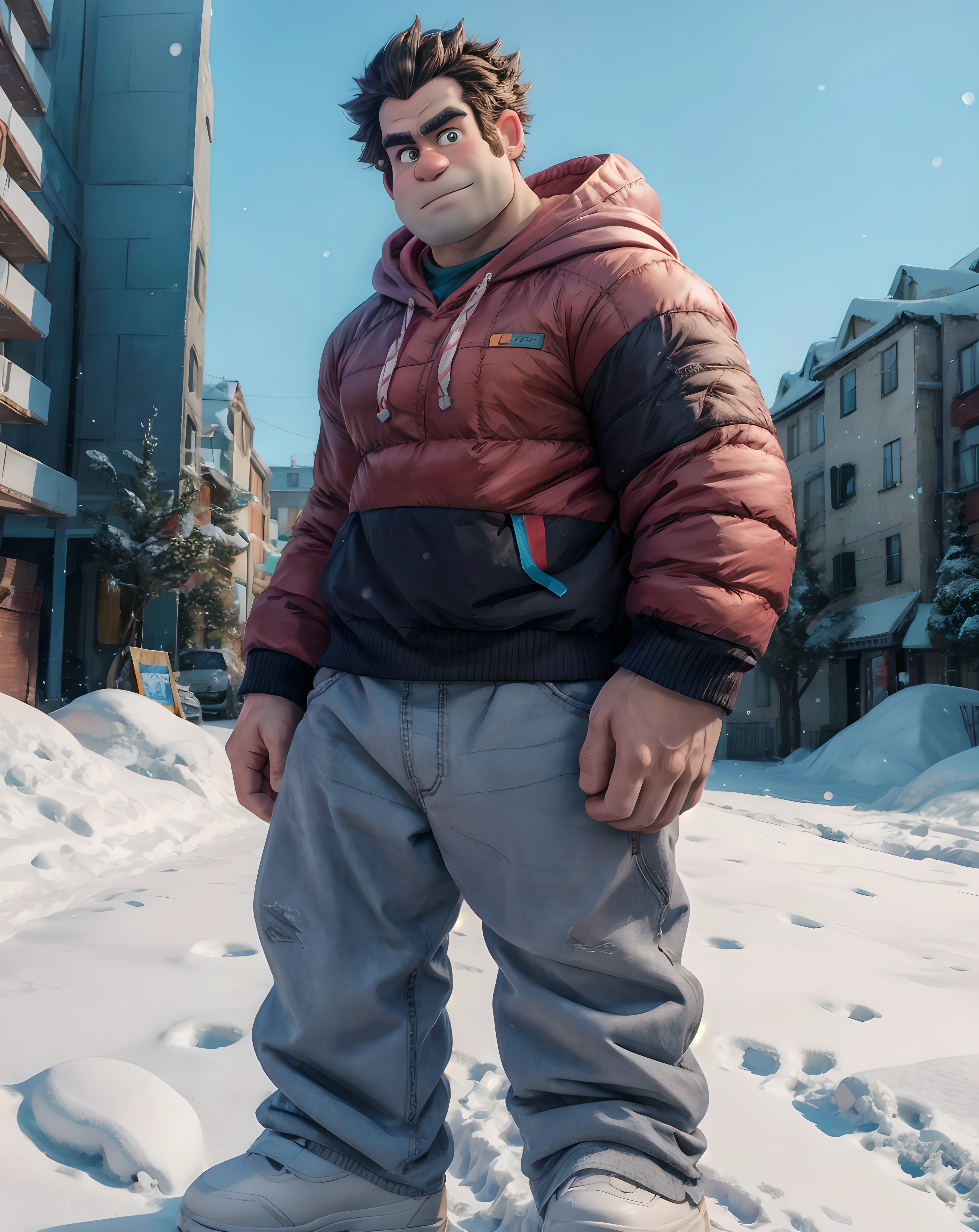 <lora:Ralph:0.8> ralph_wreckitralph, looking at viewer, muscular, hoodie, long pants, snow, town, winter, standing