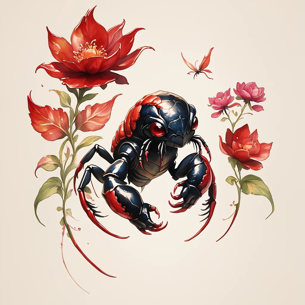 Score_9, score_8_up, score_7_up, score_6_up,    <lora:ArsMJStylePony:1>, ArsMJStyle, Scorpio, The image shows a painting of a scorpion surrounded by flowers and leaves on a piece of paper. The scorpion is depicted in a realistic style with its claws outstretched and its body covered in scales. The flowers are in full bloom adding a splash of color to the painting. The paper is a light color allowing the scorpion to stand out against the background., no humans, flower, pokemon (creature), painting (medium), watercolor (medium), red flower, traditional media, bug, solo, red eyes, leaf, full body