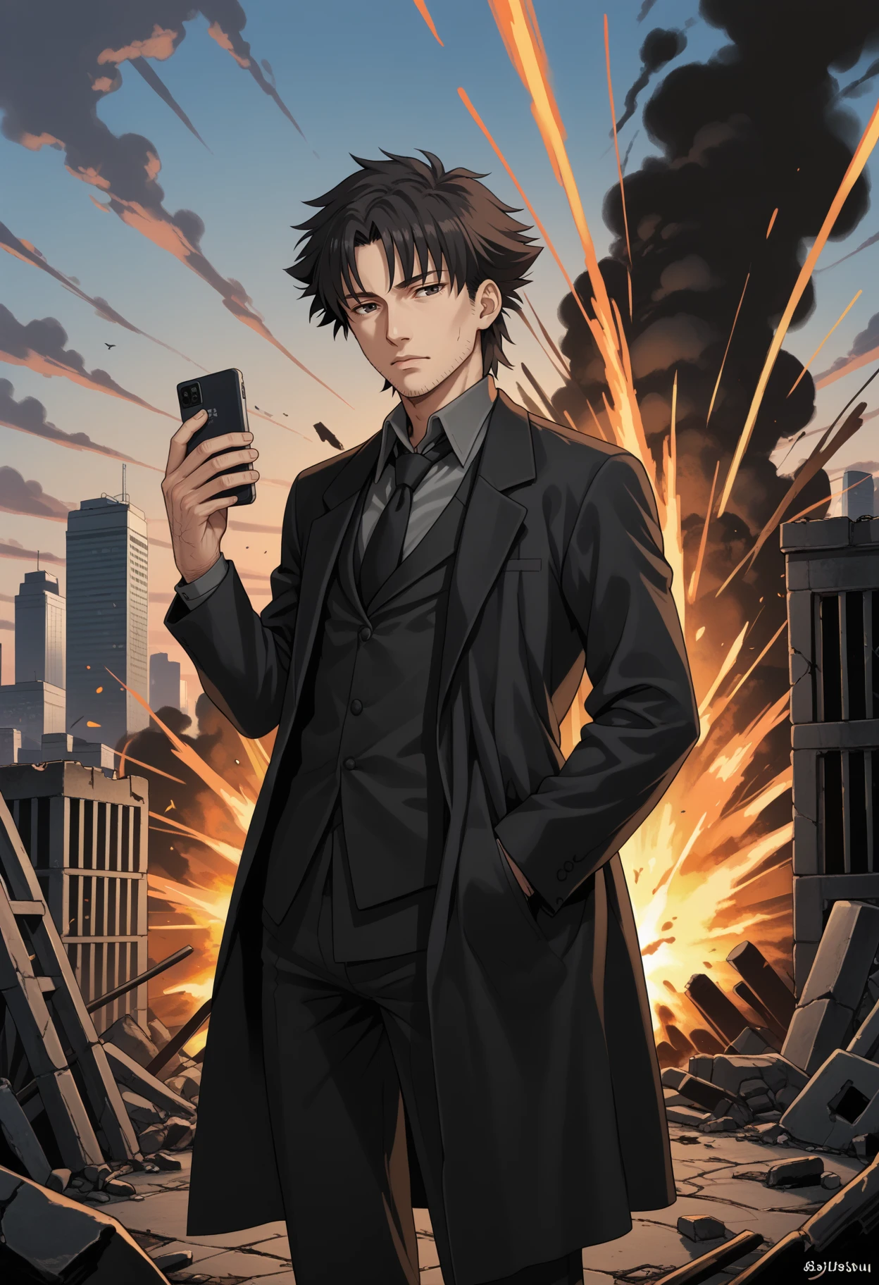 score_9,  score_7_up, BREAK, <lora:emiyakiritsuguv1:1>, standing, emiya kiritsugu, black hair, short hair, facial hair, stubble, long coat, black coat, grey shirt, collared shirt, waistcoat, black necktie, black eyes, ruins, skyscraper, holding phone, phone,  explosion,