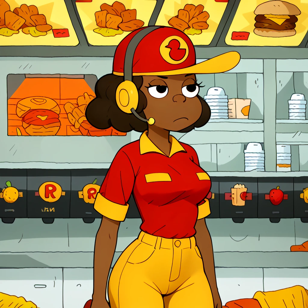 <lora:Rough_Riders_Chicken_Lady_-_Clarence:1>1girl, adult, dark-skinned female, black hair, short hair, puffy hair, baseball cap, red hat with yellow brim, chicken symbol on hat, headphones with microphone, yellow headset, red shirt with yellow collar, yellow cuffs, yellow nametag, tan pants, gray footwear, bored, fast food job,, source_cartoon, score_9, score_8_up, score_7_up,