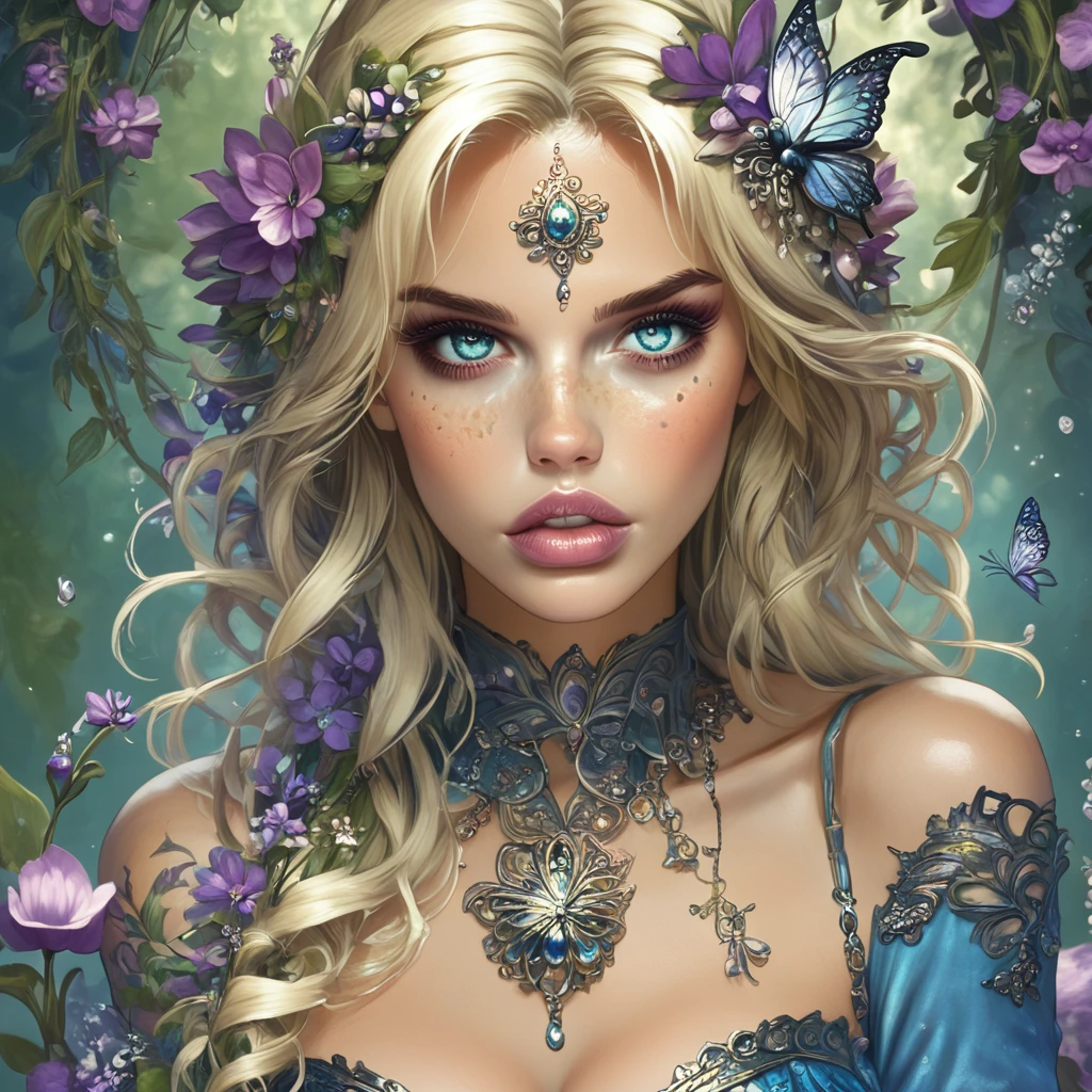 Score_9, score_8_up, score_7_up, score_6_up,    <lora:ArsMJStylePony:1>, ArsMJStyle, Virgo, The image shows a woman with long blonde hair wearing a blue dress and a necklace surrounded by a wreath of flowers and leaves., 1girl, solo, flower, long hair, breasts, hair ornament, blonde hair, cleavage, hair flower, butterfly, bug, looking at viewer, jewelry, parted lips, blue eyes, freckles, lips, upper body, bare shoulders, purple flower