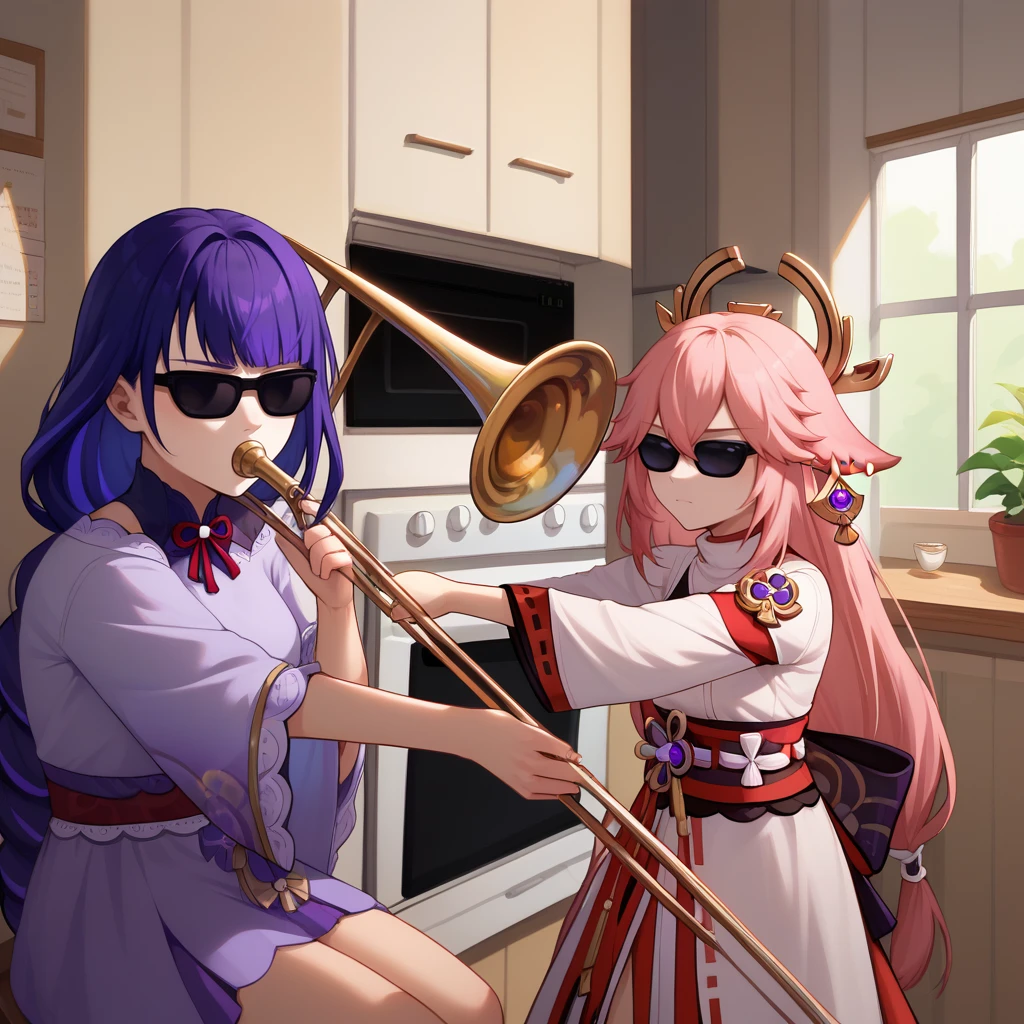 score_9, score_8_up, score_7_up, oven, WhenMamaIsntHomeMeme, playing instrument, music, sunglasses, indoors, trumpet, kitchen, <lora:WhenMamaIsntHome_pdxl_Incrs_v1:1>, yae miko, raiden shogun, 2girls,