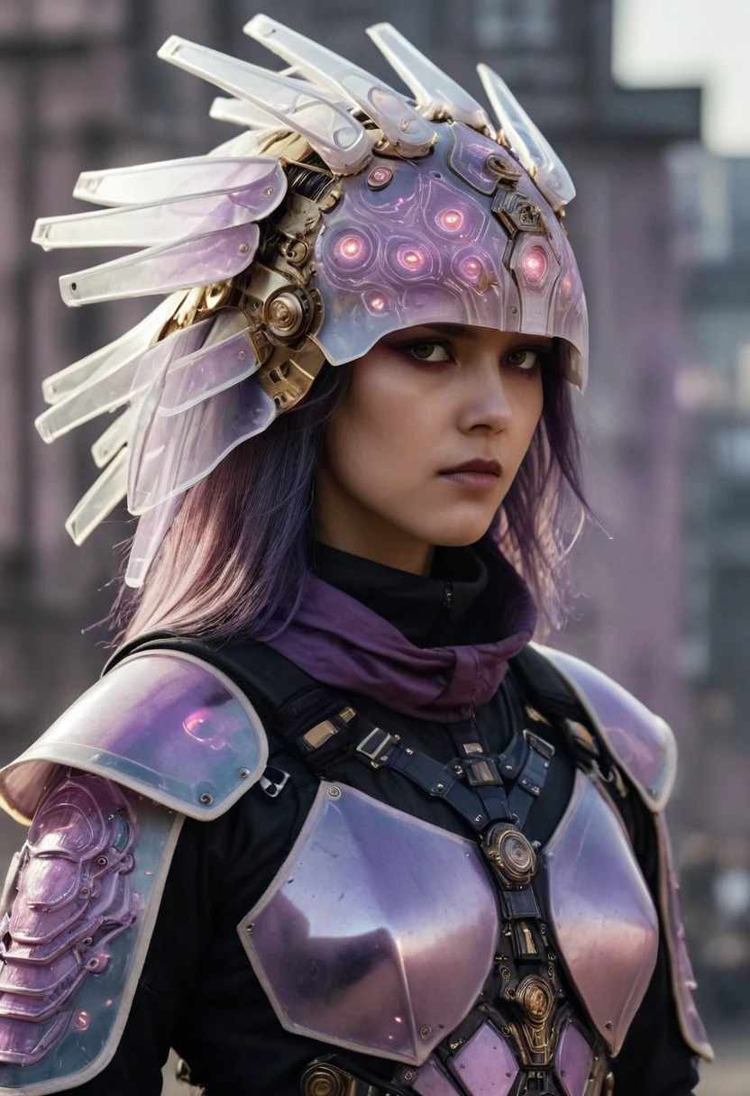 Inspired By Franco Fontana and HR Giger, Infront of an dystopian Megacity Skyline, Closeup Portrait, beautiful charming blushed freckled Busty DARK haired Cyborg Samurai wearing a mysterious black/purple translucent automaton helmet, detailed skin and lips, extreme Face CloseUp, looking at Viewer, gold armor, solo, armor, fingerless gloves, gloves, intricate translucent technical helmet details, White outworn Cotton hoodie, Large shoulder pads, atmospheric lighting, novuschroma60 style bokeh, The photo features faded colors, with a limited palette of gray, beige, and washed-out red, capturing her cool, striking appearance.. cinematic composition, soft shadows, national geographic style,