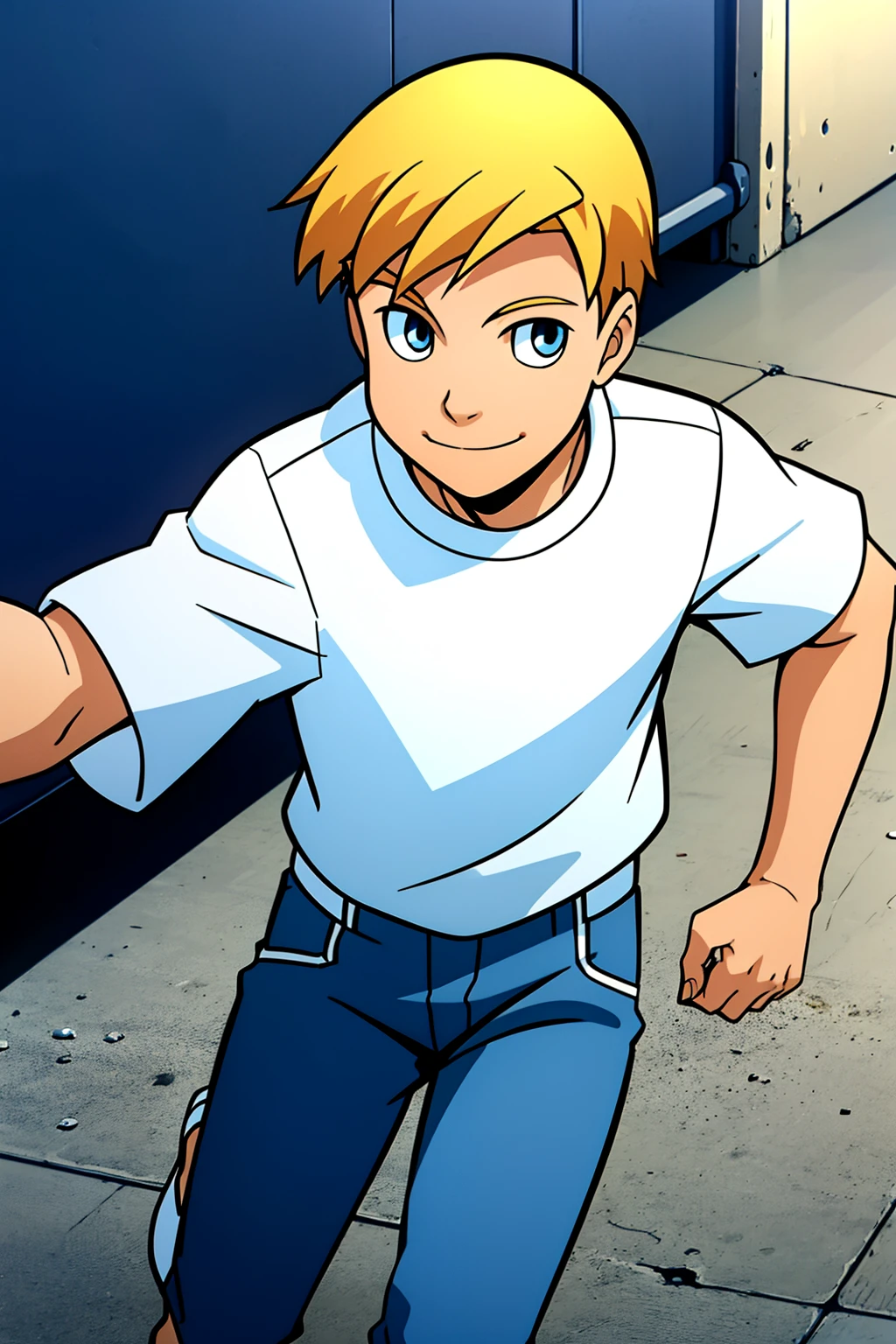 alex,1boy,solo,male focus,blonde hair,short hair,blue eyes,smile,looking at viewer,white shirt,blue pants,running away from the danger,,best quality