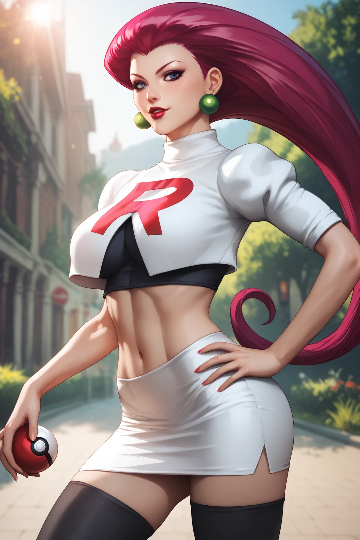 score_9, score_8_up, score_7_up, aesthetic, intricate details, 1girl,  <lora:stanley_lau-pony:1> stanley_lau_style, realistic, jessie \(pokemon\), white crop top, navel, pencil skirt, miniskirt, white skirt, black thighhighs, red hair, very long hair, earrings, red lips, makeup, large breasts, outdoors, nature, dynamic angle, standing, holding poke ball,