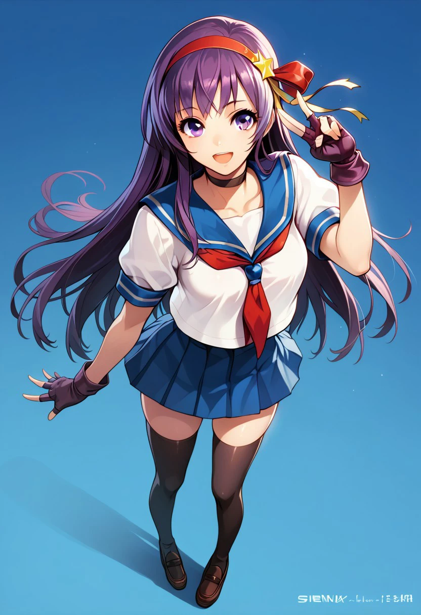 score_9_up, score_8_up, score_7_up, extreamly detailed, beautiful detailed face, complex detailed background, completely clothes, 1girl, BREAK, 
ATHENA ASAMIYA, ATHENA ASAMIYA IDOL WEAR, 1girl, solo, long hair, breasts, smile, open mouth, skirt, simple background, thighhighs, gloves, ribbon, school uniform, purple eyes, full body, hair ribbon, purple hair, hairband, serafuku, choker, black thighhighs, fingerless gloves, red hairband