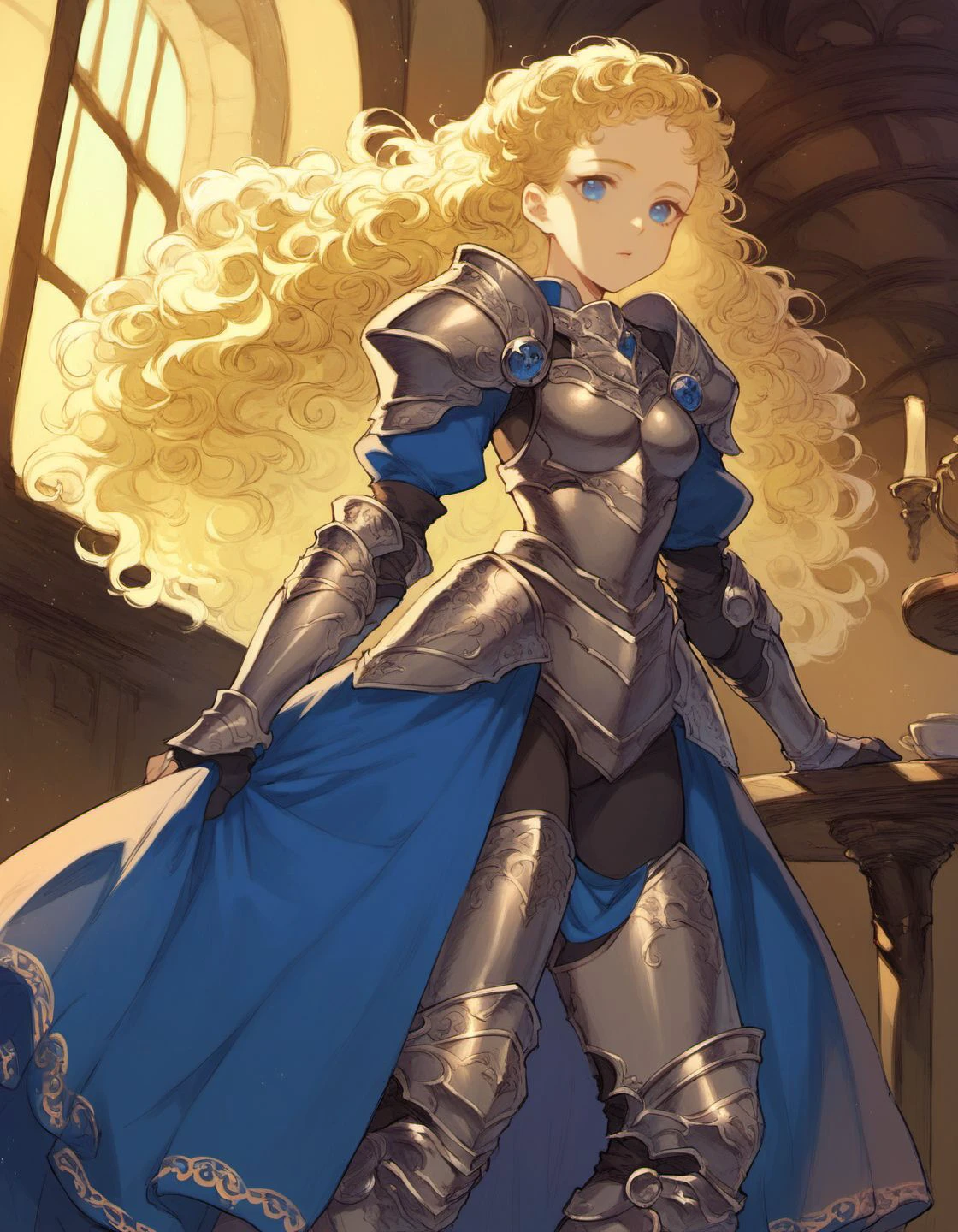 score_9, score_8_up, score_7_up, drawing,
fabula-ultima, 1girl, solo, blonde fluffy hair, long hair, curly hair, blue eyes,( armored dress:1.3), blue dress,( armored pants:1.3), fantasy, tavern interior, shoulder armor, neck armor, detouched sleeves, arm armor, small breasts,
<lora:fabula_ultima_character_art_style_v1:0.8>