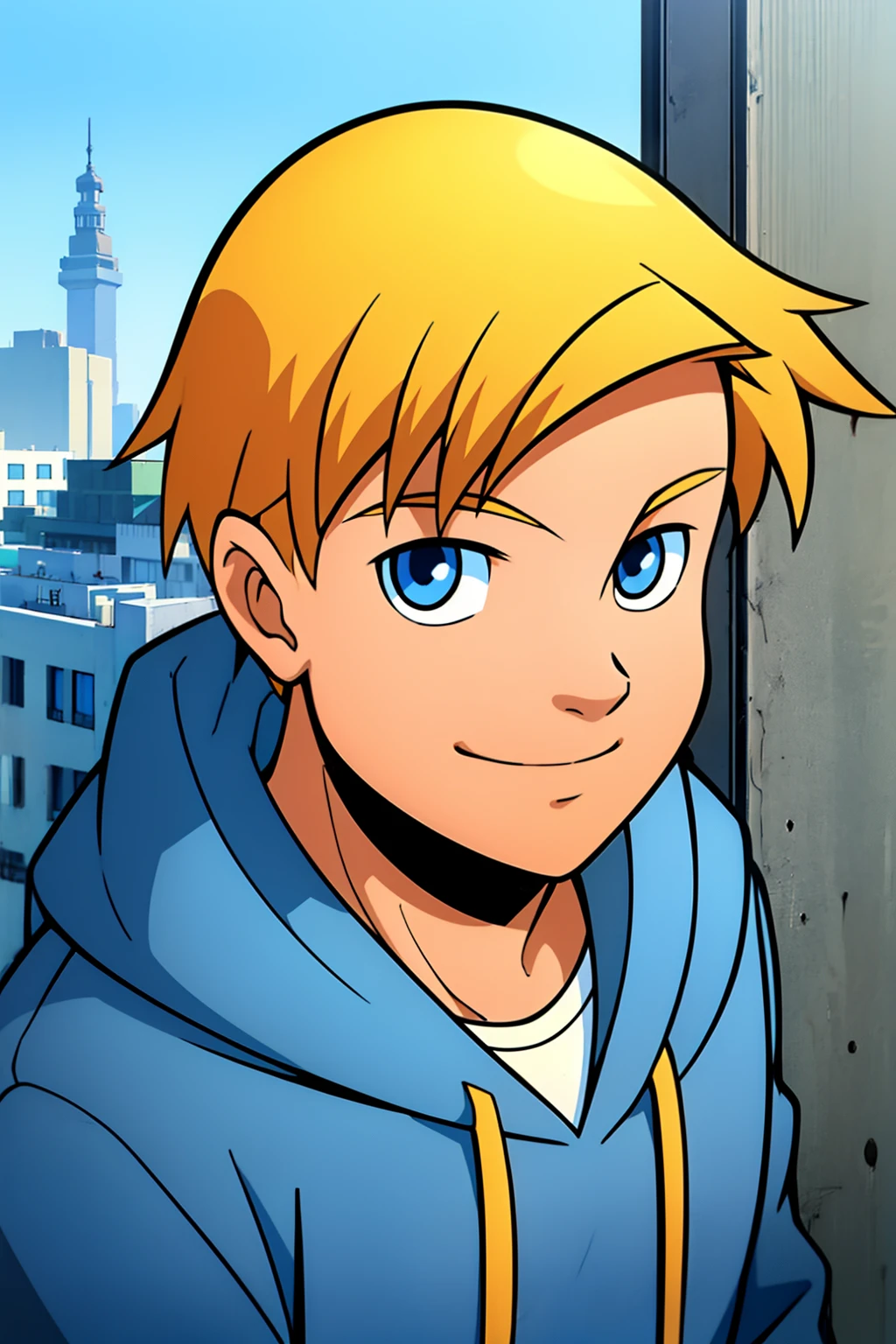 alex,1boy,solo,male focus,blonde hair,short hair,blue eyes,smile,looking at viewer,blue hoodie,long slevless,masterpiece,best quality