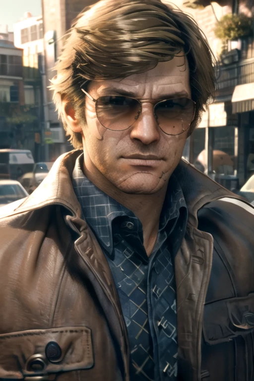 russell adler, 1boy, male focus, looking at viewer, blonde hair, sunglasses, shaded eyes, scar on face, leather jacket, brown jacket, dark blue shirt, stubble, facial hair, outdoors,
BREAK, best quality, highres, realistic, game cg,
<lora:AdlerV2:1>