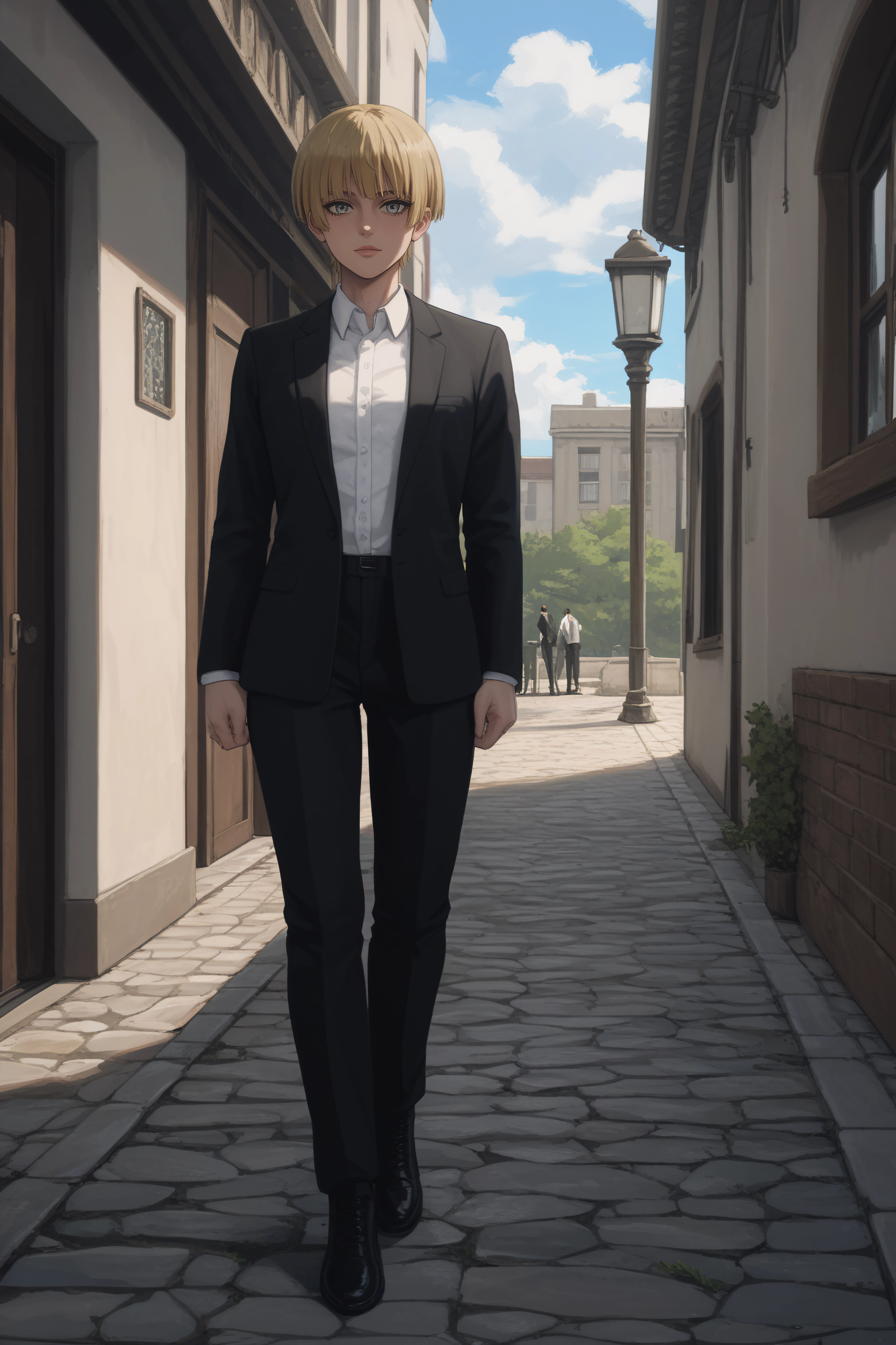 score_9, score_8_up, score_7_up, BREAK source_anime, <lora:Yelena-PonyXL-lora-Faxtron:0.8> yelena, grey eyes, blonde hair, white shirt, black suit, long sleeves, black footwear,