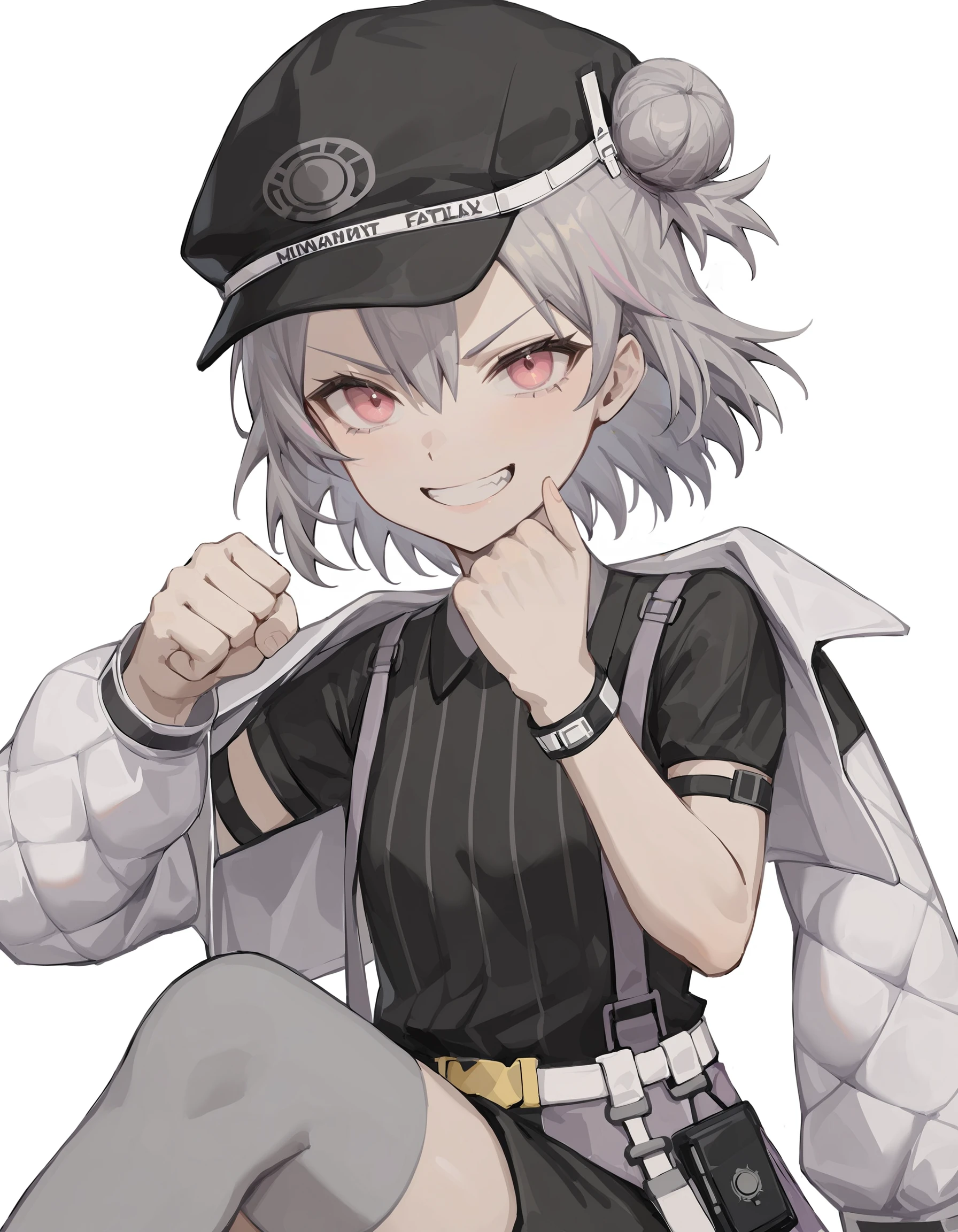 score_9,score_8_up,score_7_up,white background,simple background,smile,looking at viewer,face punch,fist,fist focus,
<lora:duominixi_pony:0.8>,duominixi,1girl,solo,shirt,hat,grey hair,black headwear,shorts,hair bun,short hair,pink eyes,jacket,black shorts,black shirt,jewelry,one_knee,grey thighhighs,