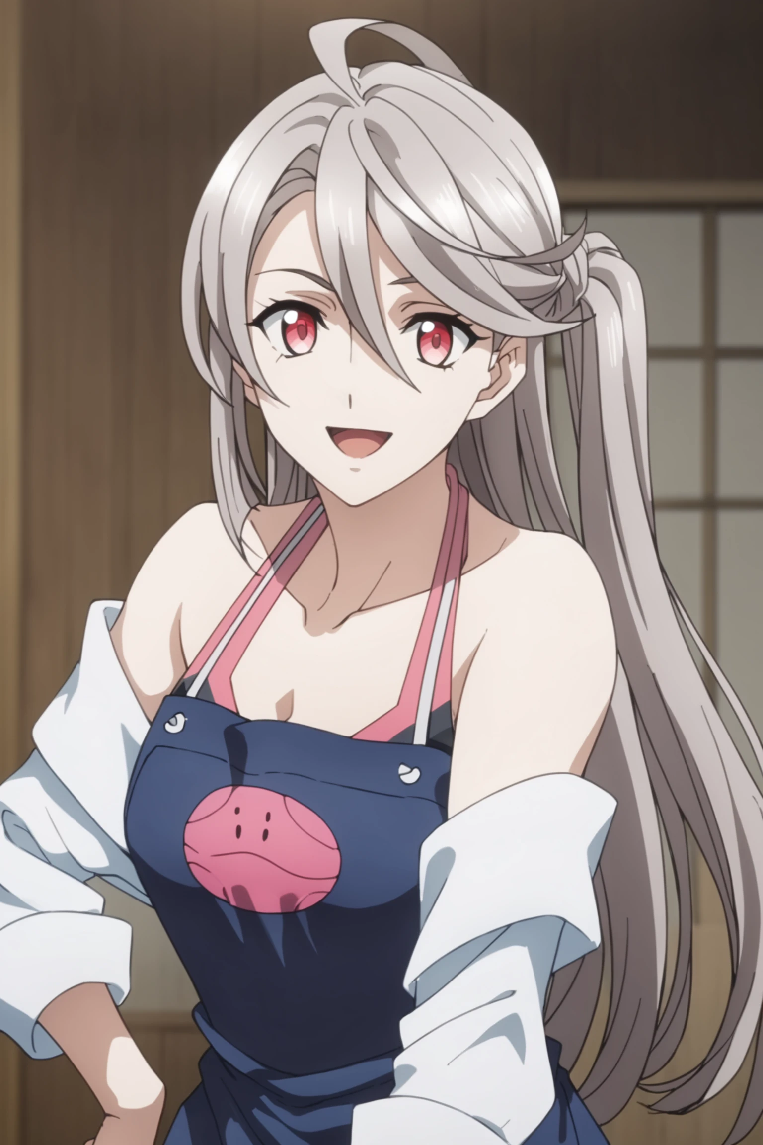 score_9, score_8_up, score_7_up, score_6_up, score_5_up, source_anime, rating_safe, indoors, 1girl, solo, medium breasts, looking at viewer, <lora:age_slider_v4:2>, seria urutsuki, long hair, grey hair, side ponytail, hair between eyes, ahoge, red eyes, tank top, pink tank top, black tank top, blue apron, white shirt, tied shirt, collarbone, bare shoulder, blue shorts, denim shorts, gladiator sandals, <lora:Seria_Urutsuki:0.8>, (dynamic pose:1.4), smile, open mouth