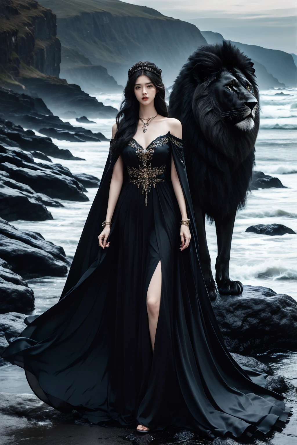 1girl, standing, ((big black lion)),black lion queen,  <lora:JAY -  BLACK LION QUEEN:0.8>