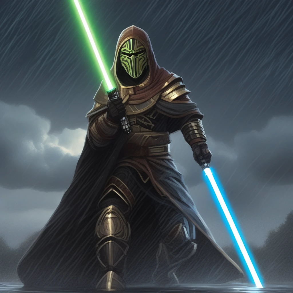 Onderon Guardian Armor, solo, 1boy, holding, male focus, weapon, sky, cloud, hood, sword, armor, glowing, glowing eyes, rain, energy sword, lightsaber, sensitive