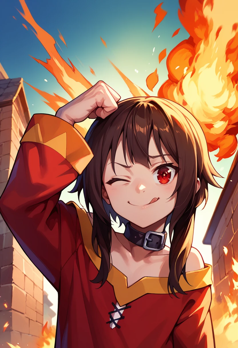 score_9, score_8_up, score_7_up, tongue out, hand up, clenched hand, hand on own head, one eye closed, :p, ;P, <lora:Tehepero_pdxl_Incrs_v1:1>, smile, megumin, fire, upper body, burning building, explosion,