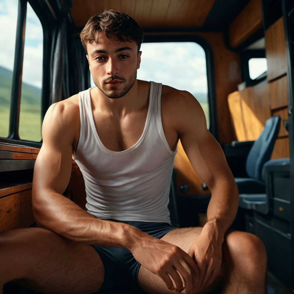 low camera shot, jules bouyer a man  <lora:Jules-Bouyer-000001:1> , rugged,detailed face, sitting legs crossed inside cabin lorry, legs dangling, wearing tank top, sunlight, barefoot, masterpiece,8k,depth of field, bokeh, detailed,sharp focus,,elegant, cinematic lighting, ,photorealistic, taken using a Leica SL2 & the APO-Summicron-SL 28 f/2 ASPH lens, shutter speed 1/200s, ISO 100 and natural light, Hyper Realistic Photography, Cinematic, Cinema, Hyperdetail, UHD, Color Correction, hdr, color grading, hyper realistic CG animation ((remarkable color)), (ultra realistic), textured skin, remarkable detailed pupils, ((realistic dull skin noise)), ((visible skin detail)), ((skin fuzz)), shot with cinematic camera, 3D render, ((hyper realism)), sharp focus, cinematic lighting, photo realistic, hyper realistic. 4k, natural, global illumination, caustics, ratytracing, Unreal Engine, highly detailed, High dynamic range, vivid, rich details, clear shadows and highlights, realistic, intense, enhanced contrast, highly detailed <lora:add-detail-xl:1>