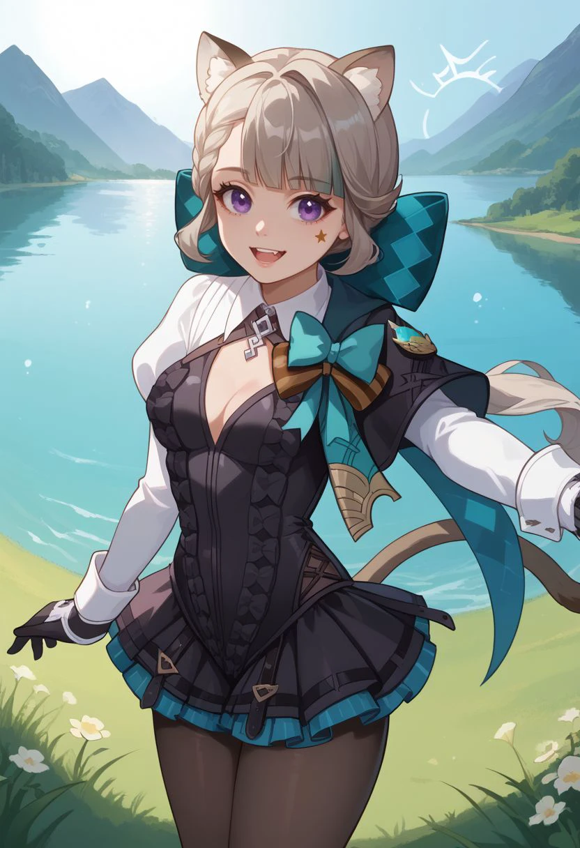 score_9, score_8_up, score_7_up, source_anime, 1girl, lynettedef, purple eyes, grey hair, long hair, braid, small breasts, animal ears, animal ear fluff, cat girl, star (symbol), cat tail, hair bow, aqua bow, long sleeves, puffy sleeves, frills, black leotard, backless outfit, cleavage, black gloves, black pantyhose, smile, open mouth, standing, waving, looking at viewer, outdoors, lake, pearls, shell, grass, sun, <lora:Lynette_v1-000010:1>
