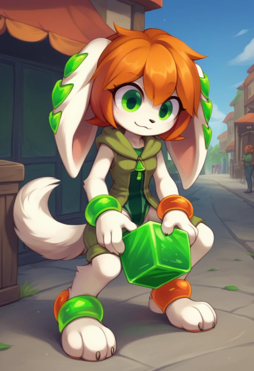 score_9,score_8_up,score_7_up,score_6_up,score_5_up,score_4_up, 1girl, solo, shiny clothing, reflective clothing, reflective balloons, shiny, 

solo, female, cute, innocent, oblivious, clueless, milla basset, white fur, long ears, floppy ears, two green gems on each ear, furry tail, orange hair, green eyes, bracelets, green leotard, (green striped leotard:1.2), green sleeveless hoodie,crotchless harness, shiny, reflective, wagging tail, white tail, hanging ears, dangling ears, 

questionable, rating_questionable,
 from below,
dynamic angle,

,
sitting on a balloon,
,
,
squatting,
outdoors, public, plains,
squishy green cube