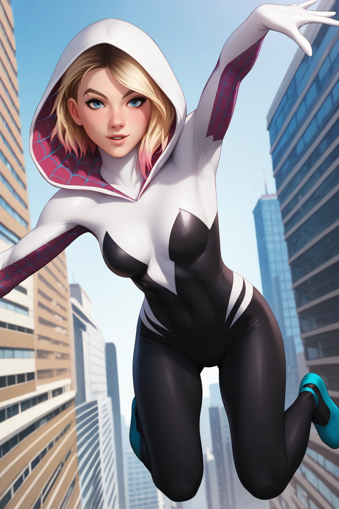 score_9, score_8_up, score_7_up, aesthetic, intricate details, 1girl,  <lora:stanley_lau-pony:1> stanley_lau_style, realistic, spider-gwen, marvel, 1girl, blonde_hair, blue_eyes, spider-man: into the spider-verse, spider-man \(series\), bodysuit, white bodysuit, spider web, jumping, mask, hoodie, city, new york, building, western comics \(style\)