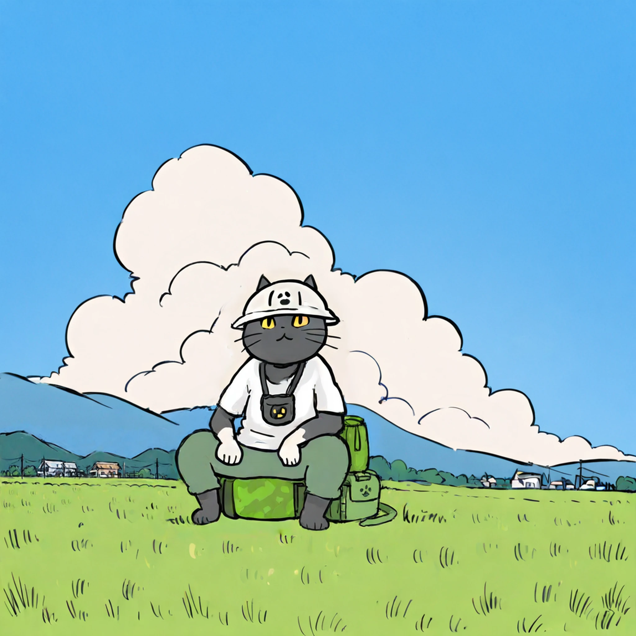 summer,green field,(genbaneko:1), straw hat,white t-shirt, cargo pants,  solo, cat,(sitting:1.1),blue sky,huge cloud,blue background,
<lora:Rice_field_r2:0.8>,best quality, masterpiece,<lora:Genbaneko2_AnimagineXLv3:0.9>